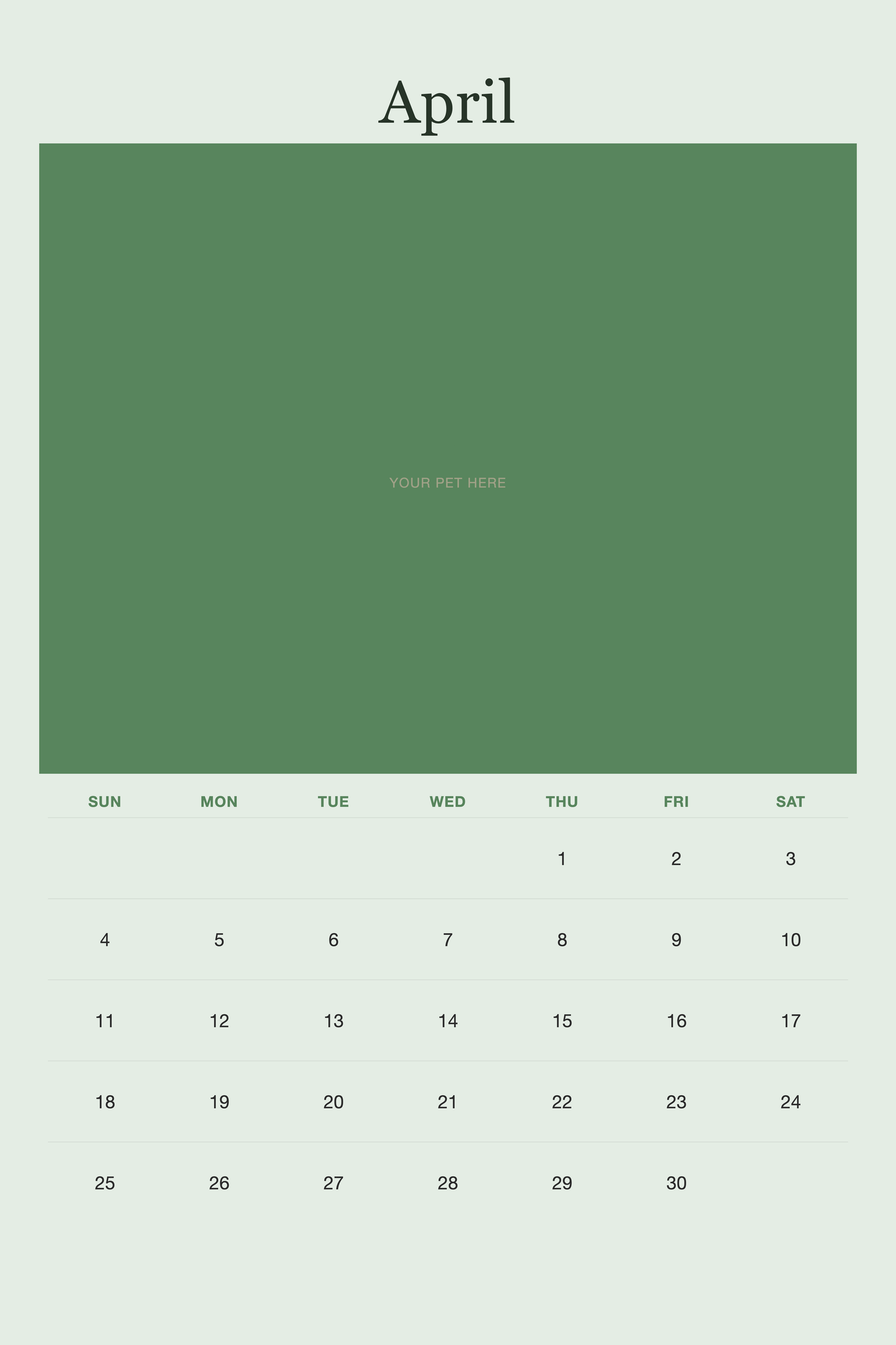 April page of the Personalized Pet Photo Calendar 2027 — XL Minimalist Sage, with a photo area above the date grid