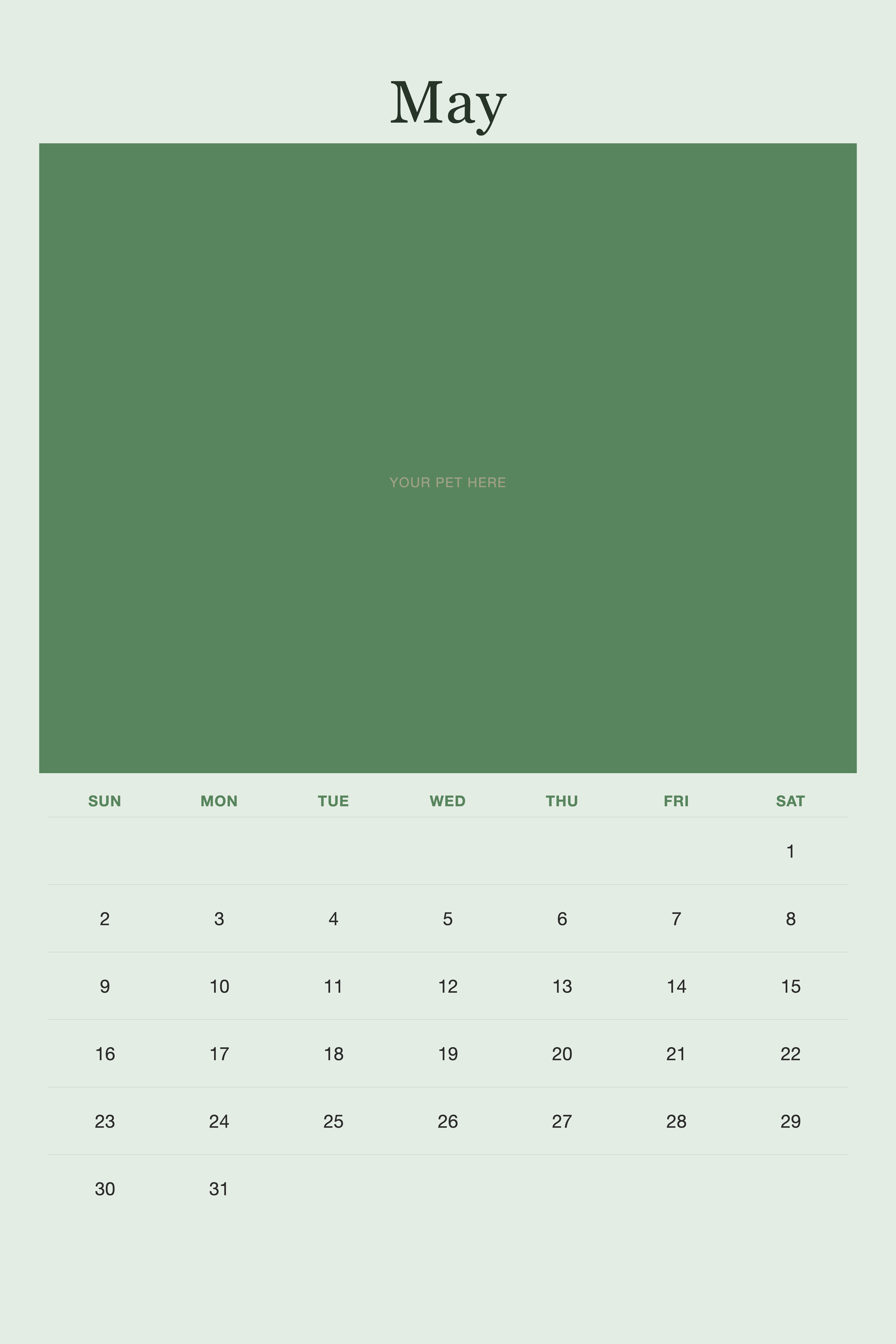 May page of the Personalized Pet Photo Calendar 2027 — XL Minimalist Sage, with a photo area above the date grid