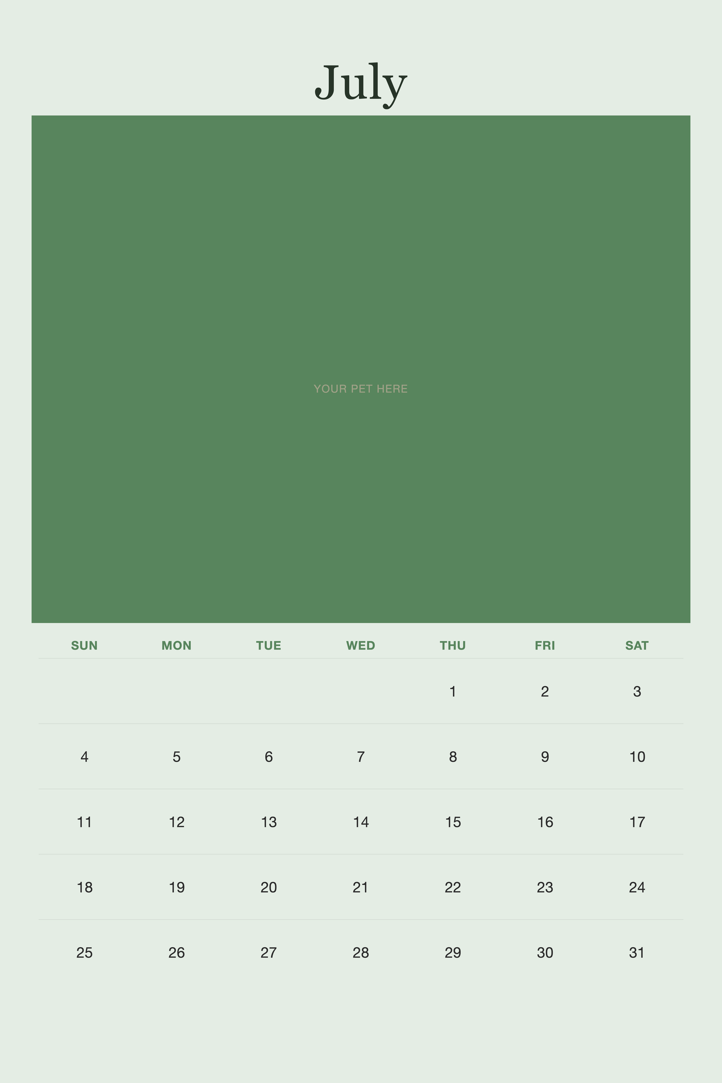 July page of the Personalized Pet Photo Calendar 2027 — XL Minimalist Sage, with a photo area above the date grid