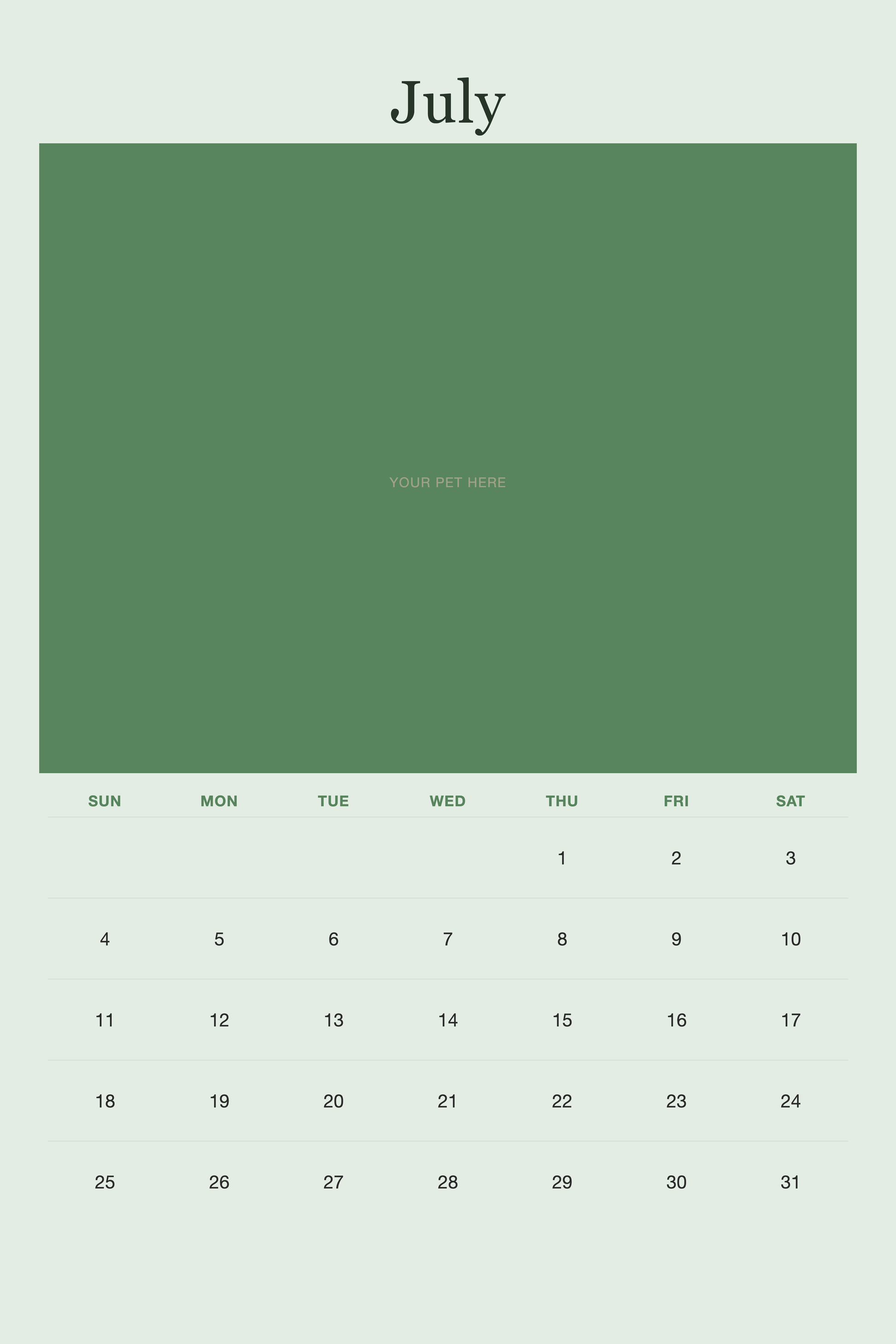 July page of the Personalized Pet Photo Calendar 2027 — XL Minimalist Sage, with a photo area above the date grid