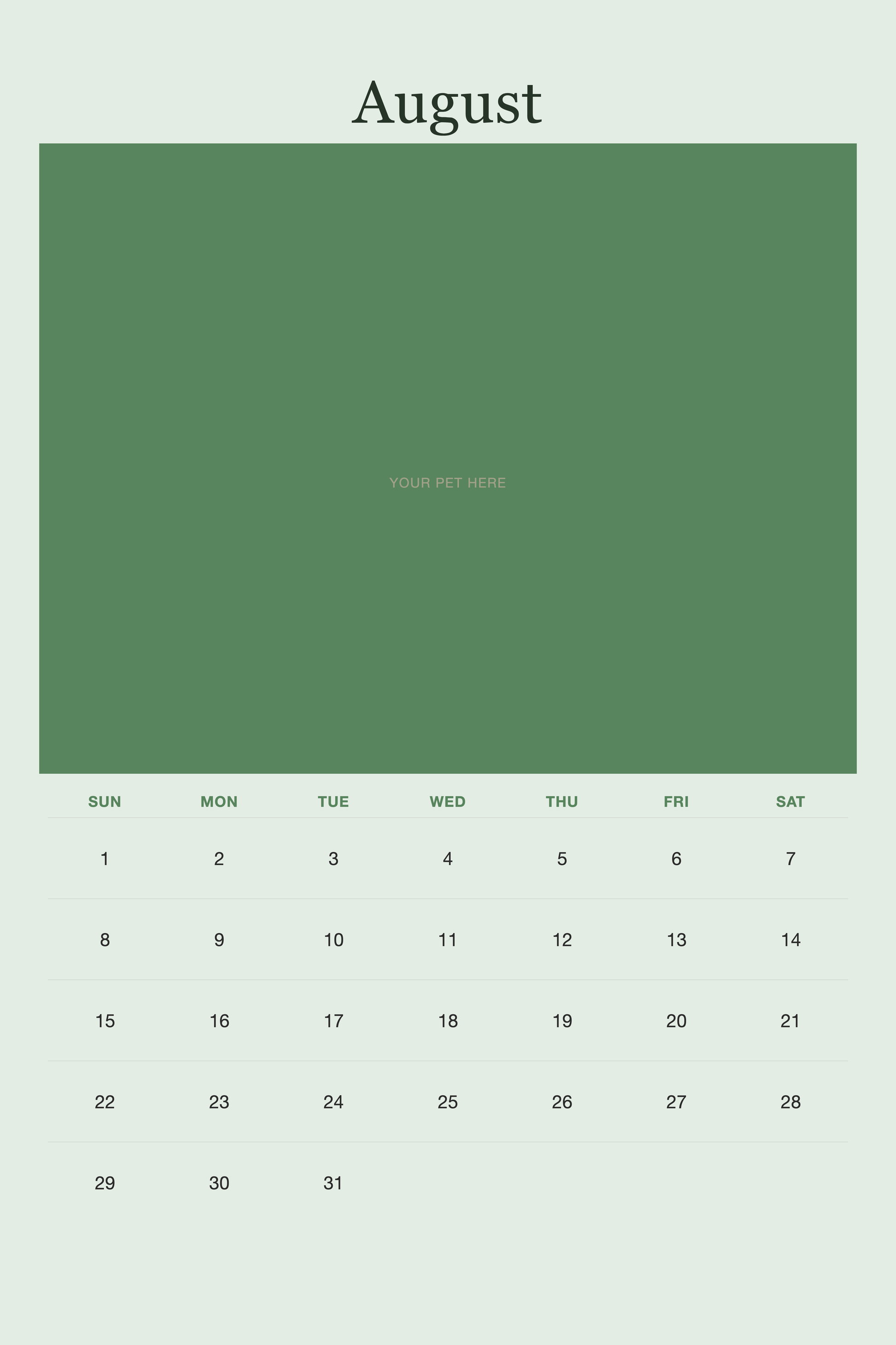 August page of the Personalized Pet Photo Calendar 2027 — XL Minimalist Sage, with a photo area above the date grid