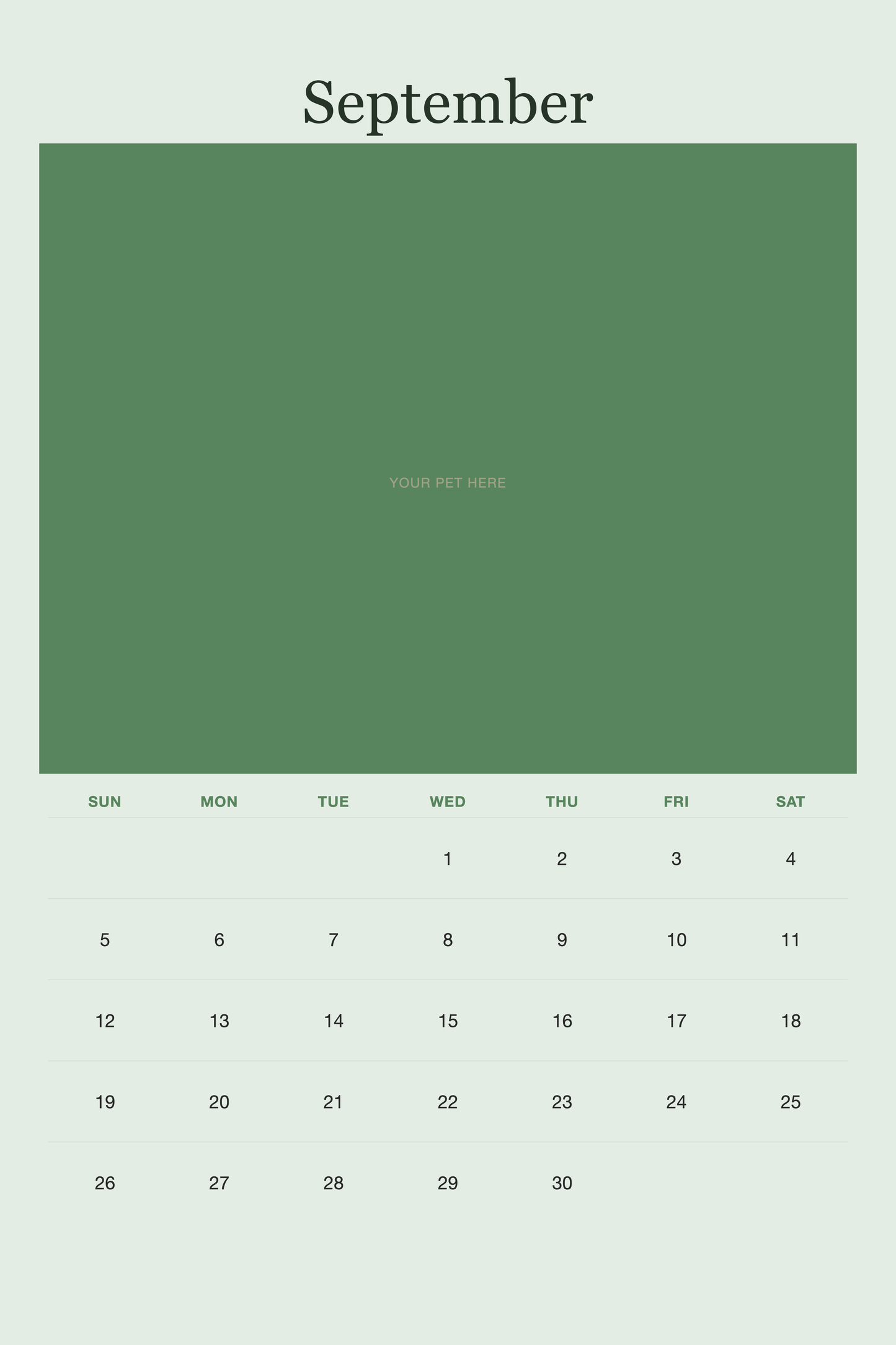 September page of the Personalized Pet Photo Calendar 2027 — XL Minimalist Sage, with a photo area above the date grid