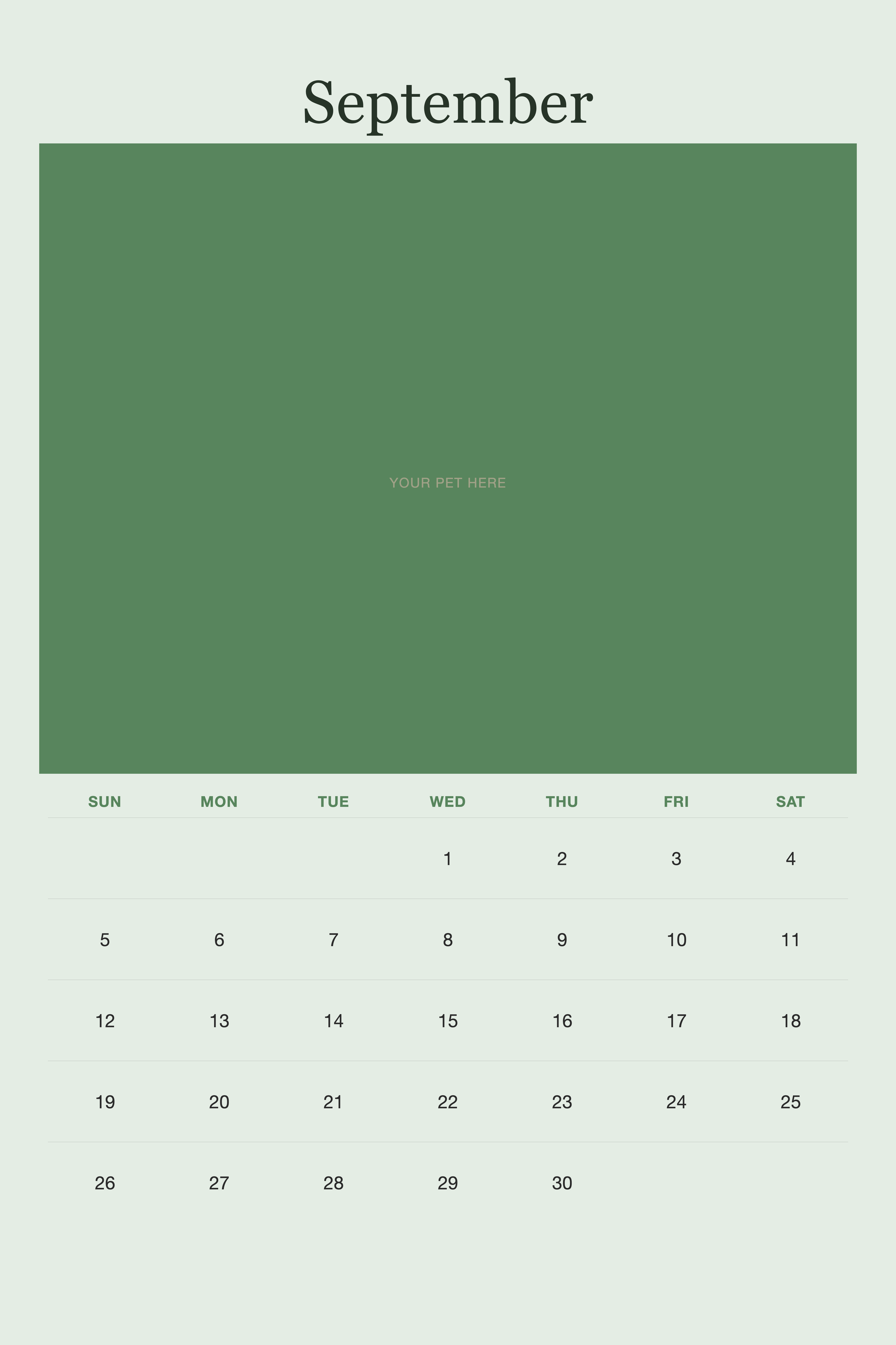 September page of the Personalized Pet Photo Calendar 2027 — XL Minimalist Sage, with a photo area above the date grid
