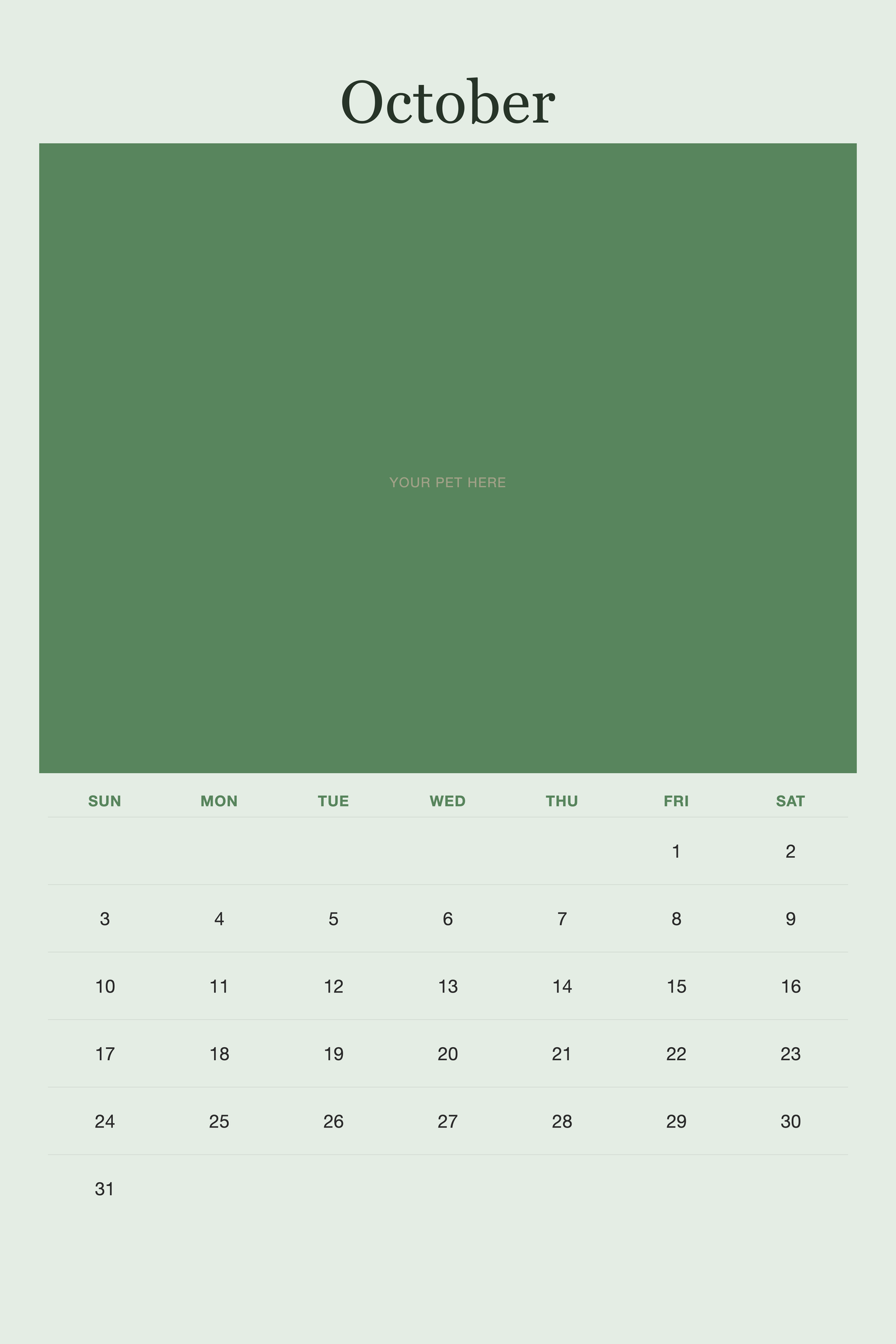 October page of the Personalized Pet Photo Calendar 2027 — XL Minimalist Sage, with a photo area above the date grid