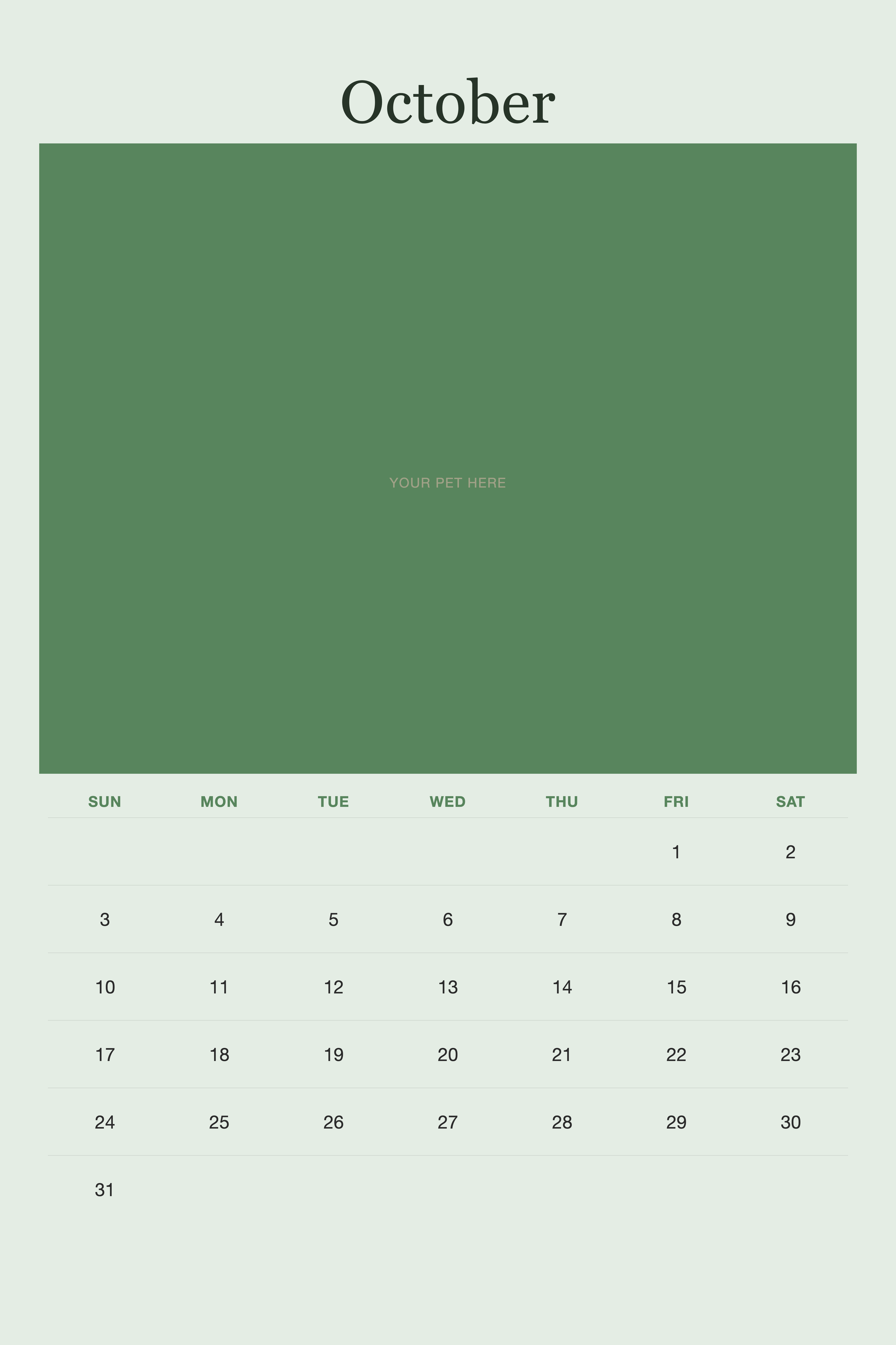 October page of the Personalized Pet Photo Calendar 2027 — XL Minimalist Sage, with a photo area above the date grid