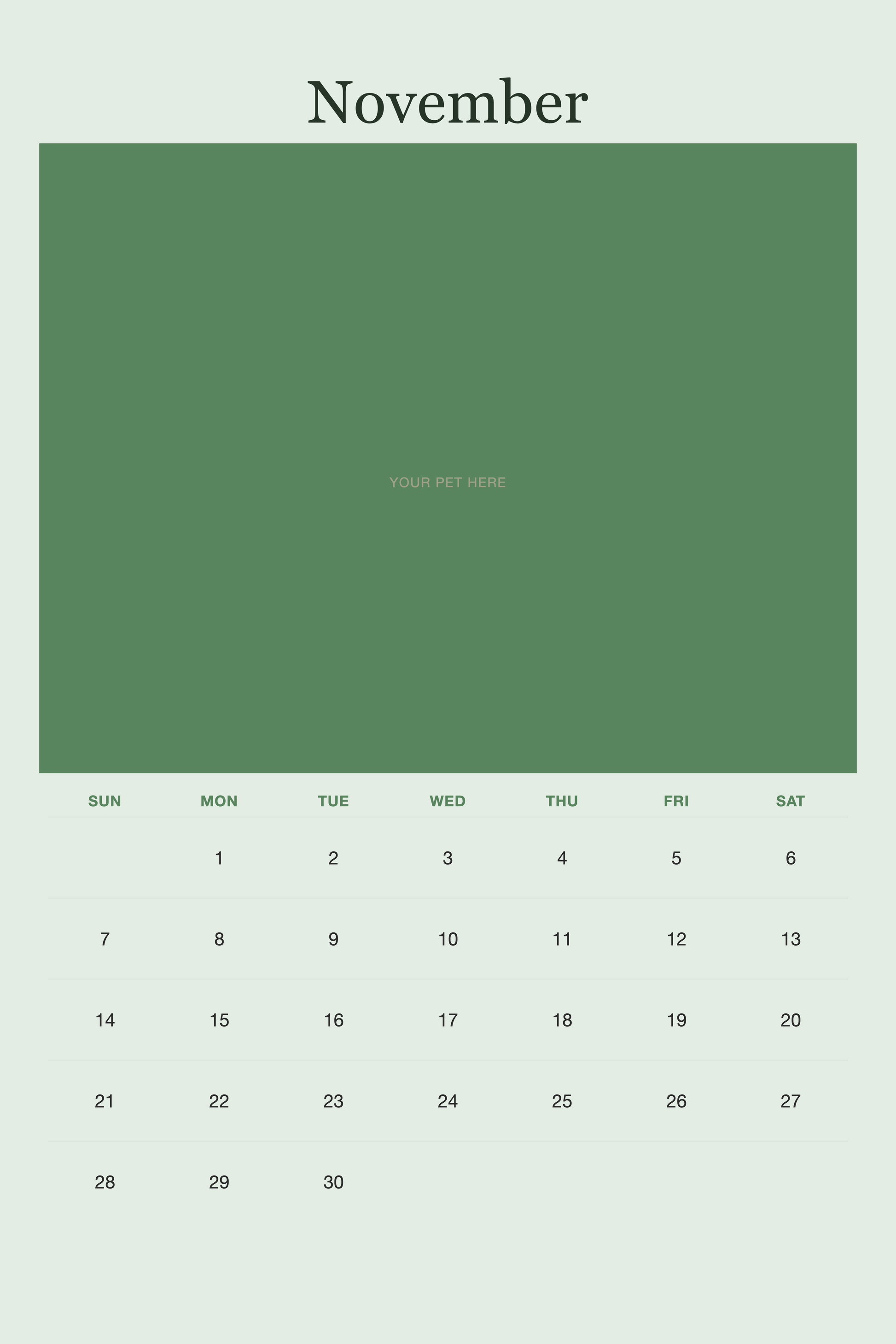 November page of the Personalized Pet Photo Calendar 2027 — XL Minimalist Sage, with a photo area above the date grid