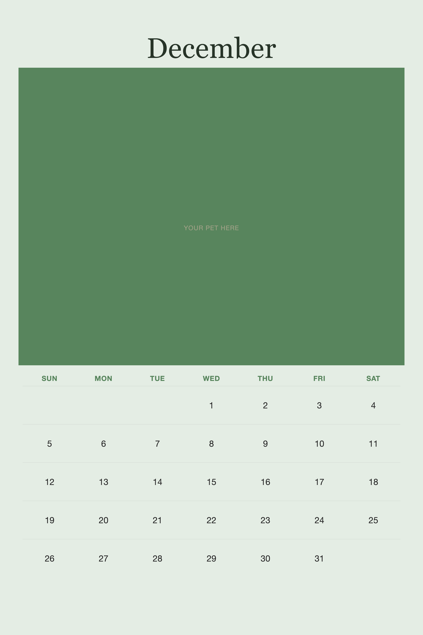 December page of the Personalized Pet Photo Calendar 2027 — XL Minimalist Sage, with a photo area above the date grid