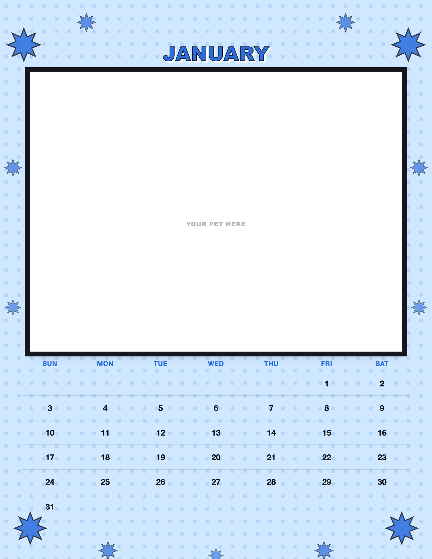 January page of the Personalized Pet Photo Calendar 2027 — Pop Art, with a photo area above the date grid