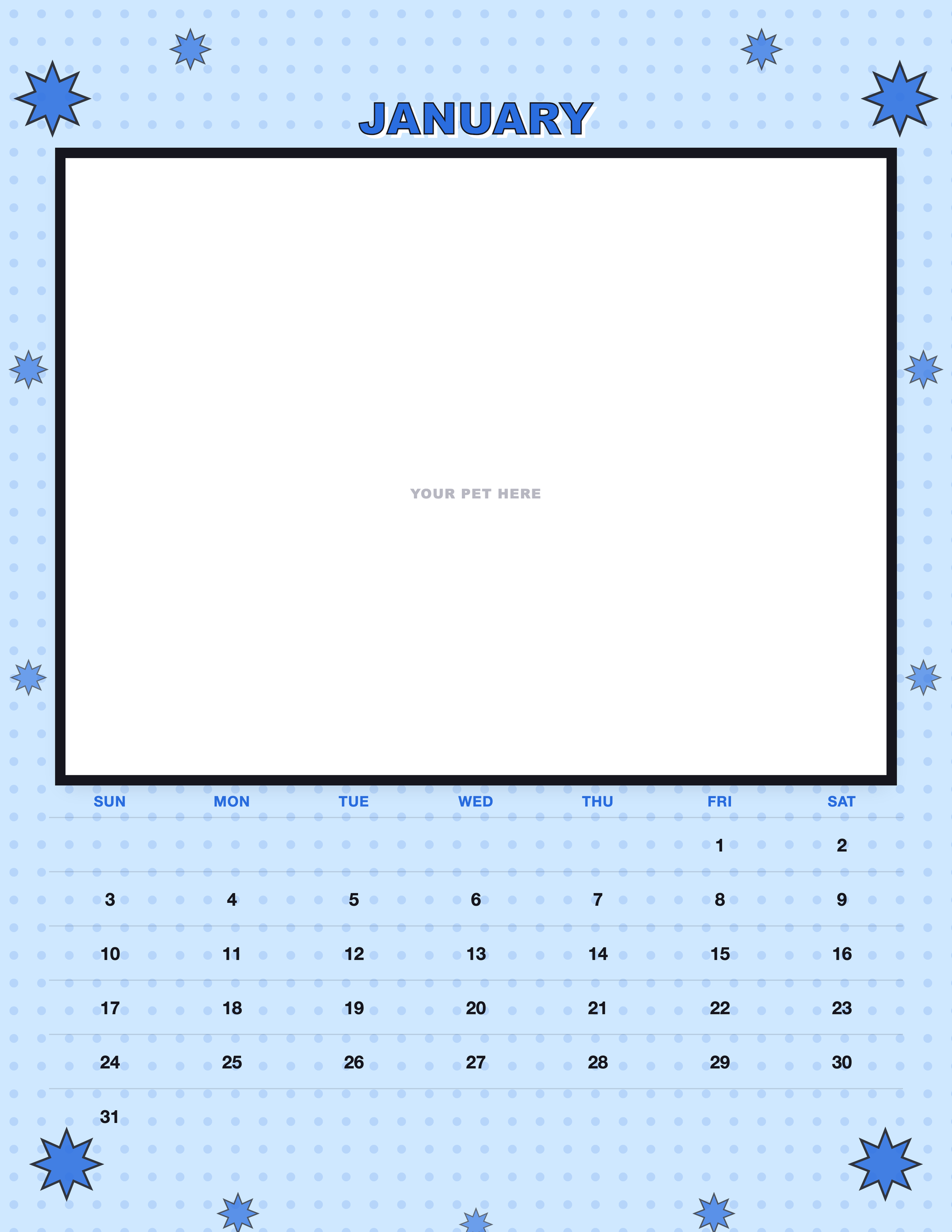 January page of the Personalized Pet Photo Calendar 2027 — Pop Art, with a photo area above the date grid