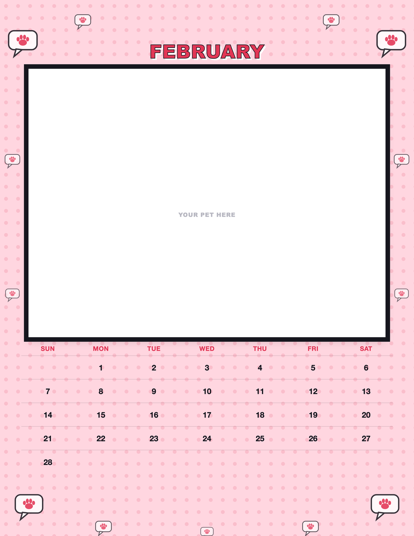 February page of the Personalized Pet Photo Calendar 2027 — Pop Art, with a photo area above the date grid