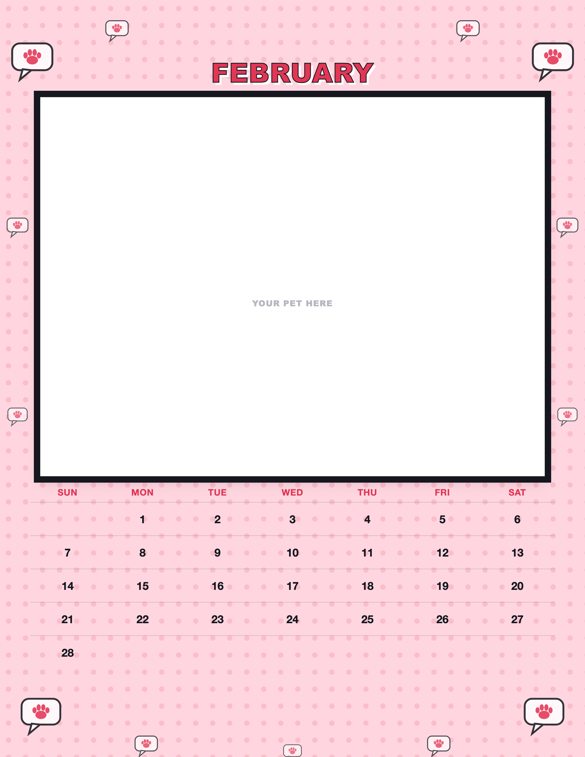 February page of the Personalized Pet Photo Calendar 2027 — Pop Art, with a photo area above the date grid