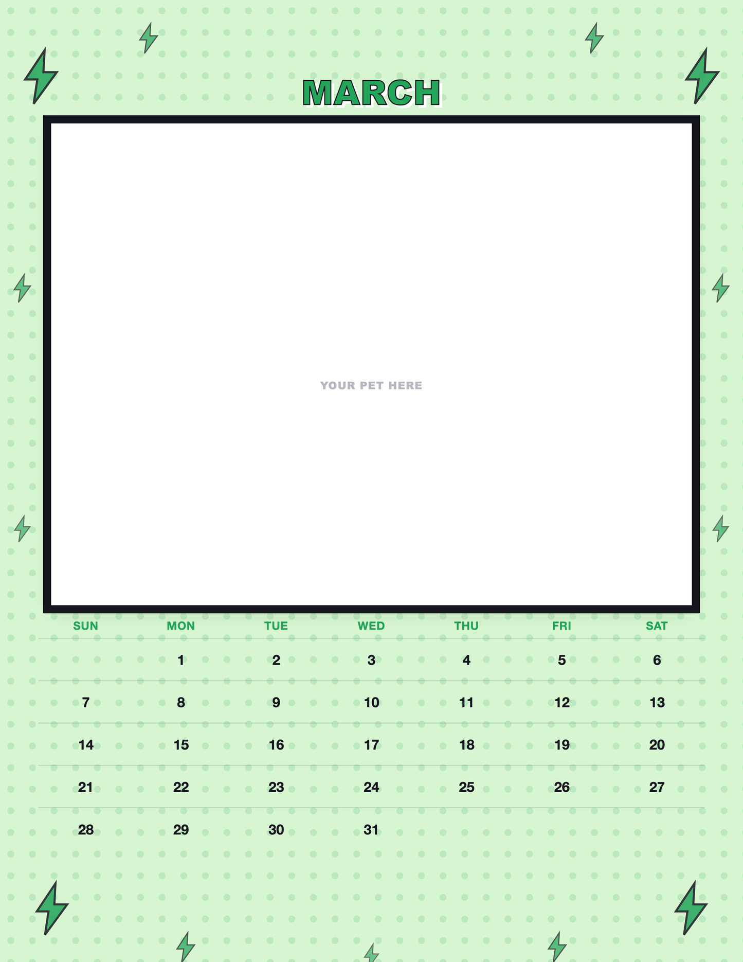 March page of the Personalized Pet Photo Calendar 2027 — Pop Art, with a photo area above the date grid