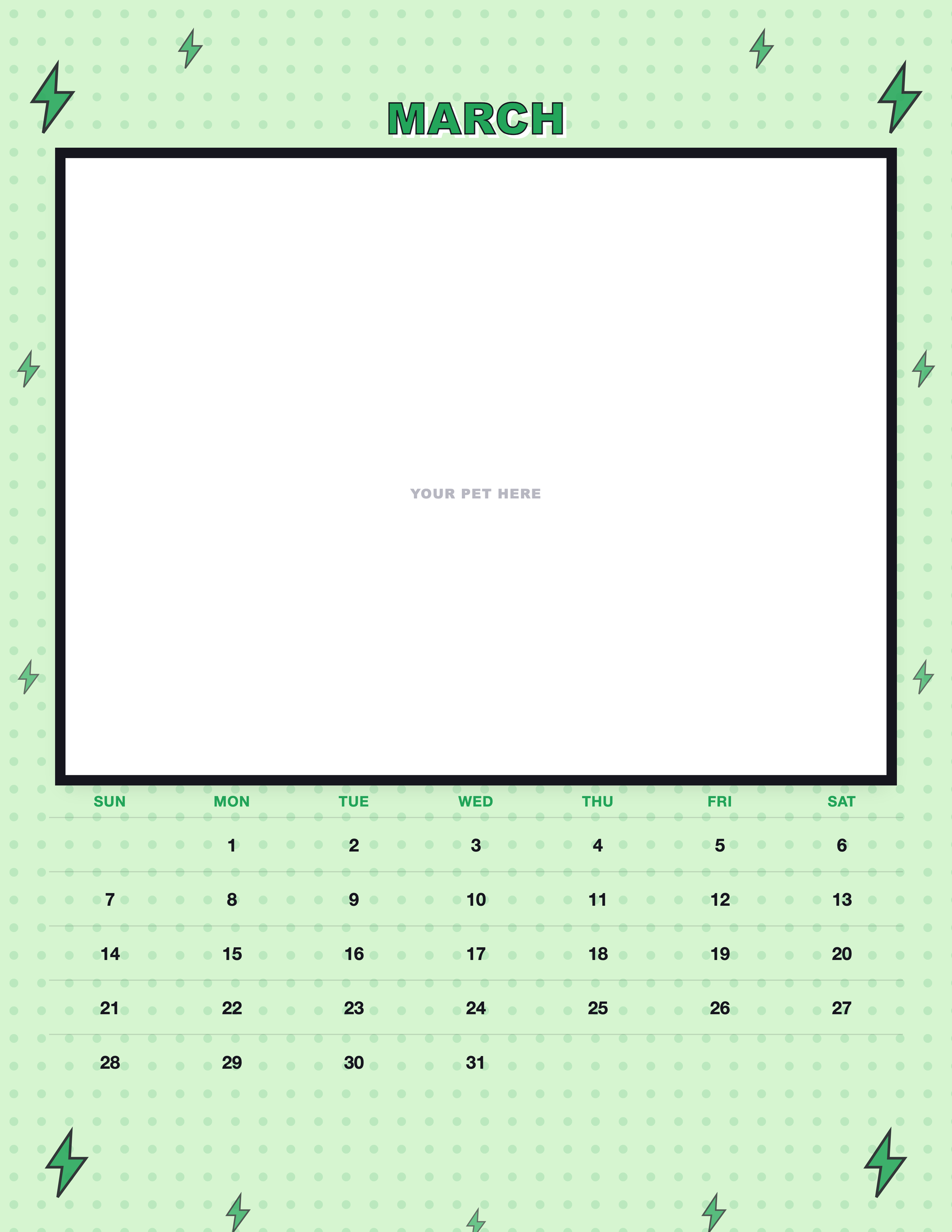 March page of the Personalized Pet Photo Calendar 2027 — Pop Art, with a photo area above the date grid