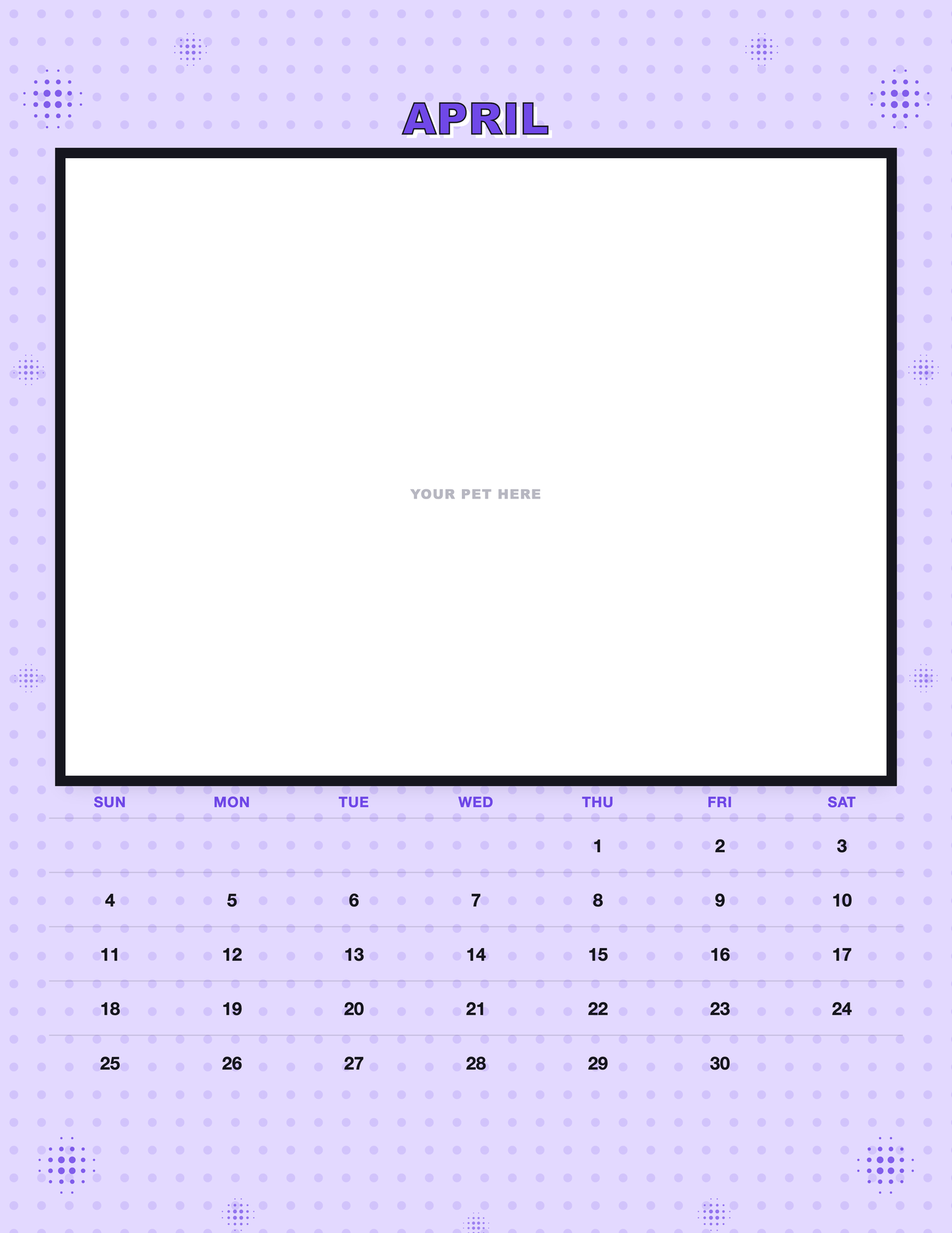 April page of the Personalized Pet Photo Calendar 2027 — Pop Art, with a photo area above the date grid