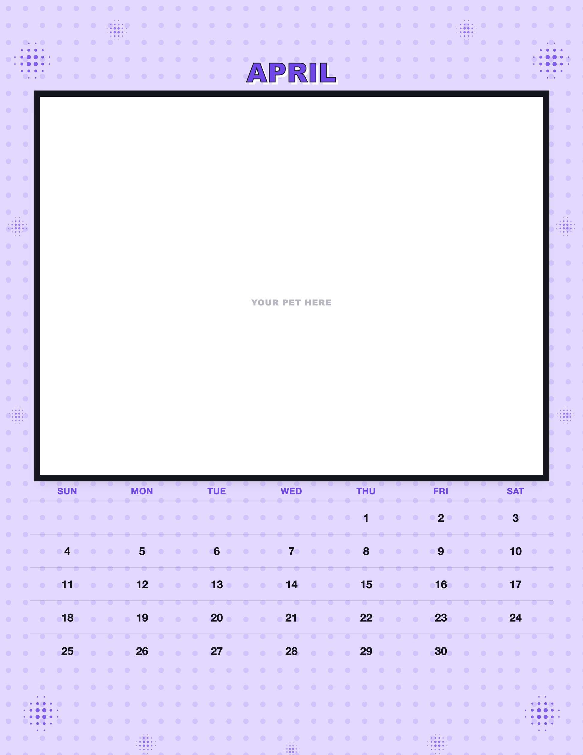 April page of the Personalized Pet Photo Calendar 2027 — Pop Art, with a photo area above the date grid