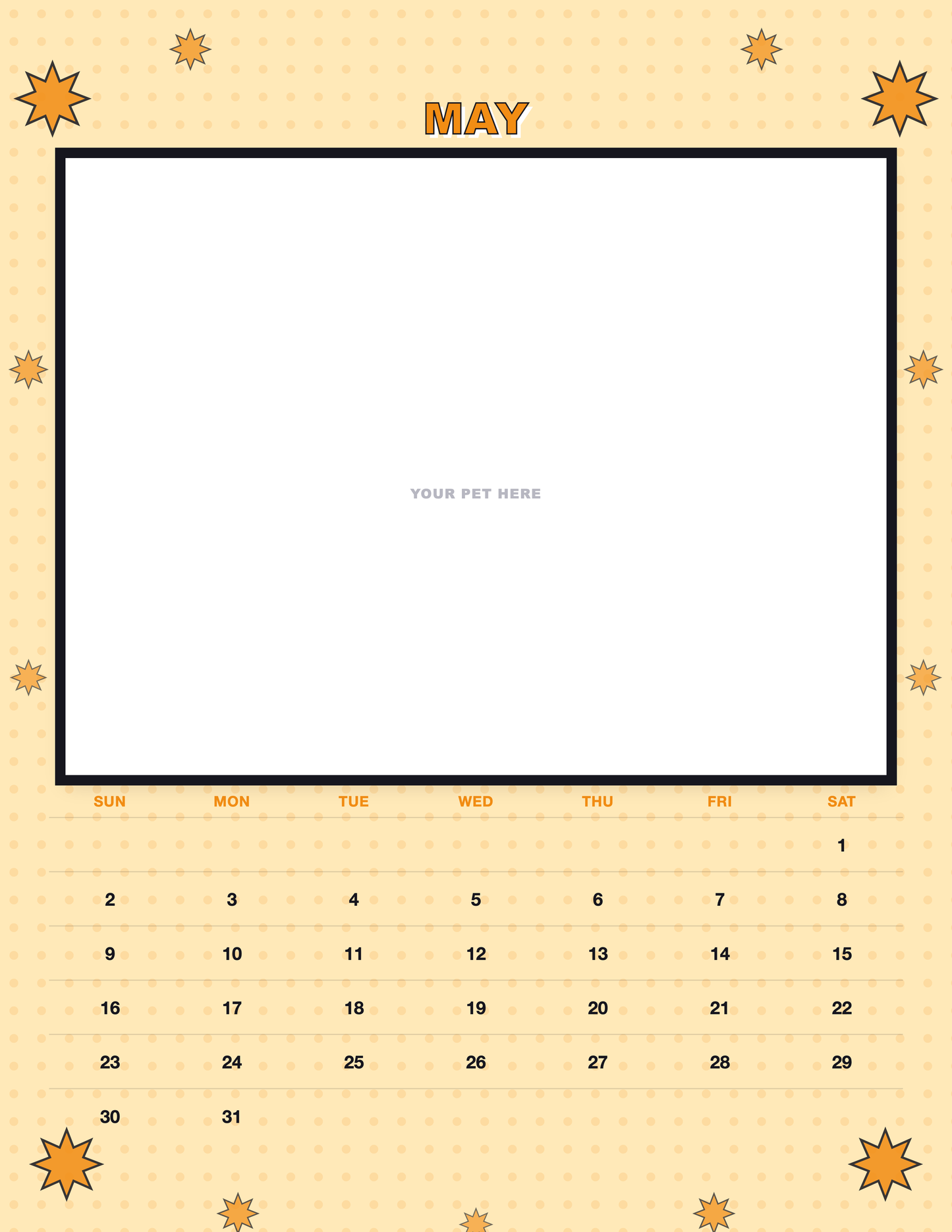May page of the Personalized Pet Photo Calendar 2027 — Pop Art, with a photo area above the date grid