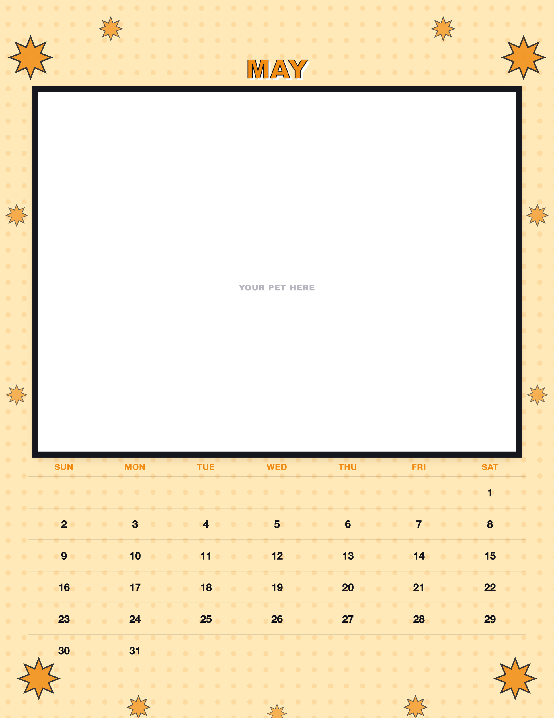 May page of the Personalized Pet Photo Calendar 2027 — Pop Art, with a photo area above the date grid