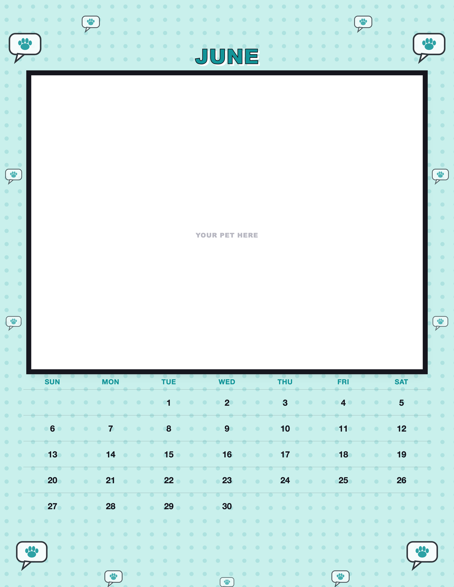 June page of the Personalized Pet Photo Calendar 2027 — Pop Art, with a photo area above the date grid
