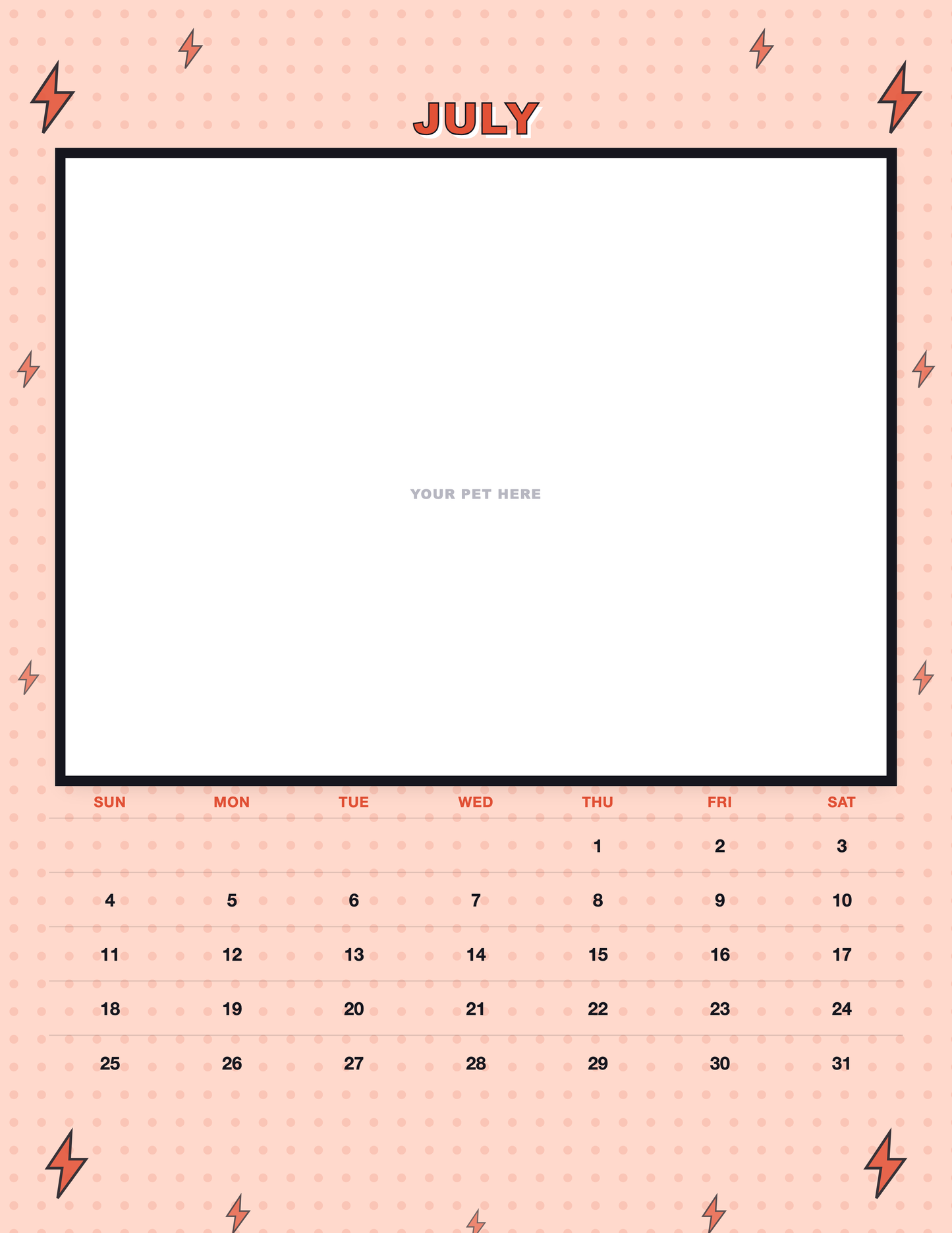 July page of the Personalized Pet Photo Calendar 2027 — Pop Art, with a photo area above the date grid