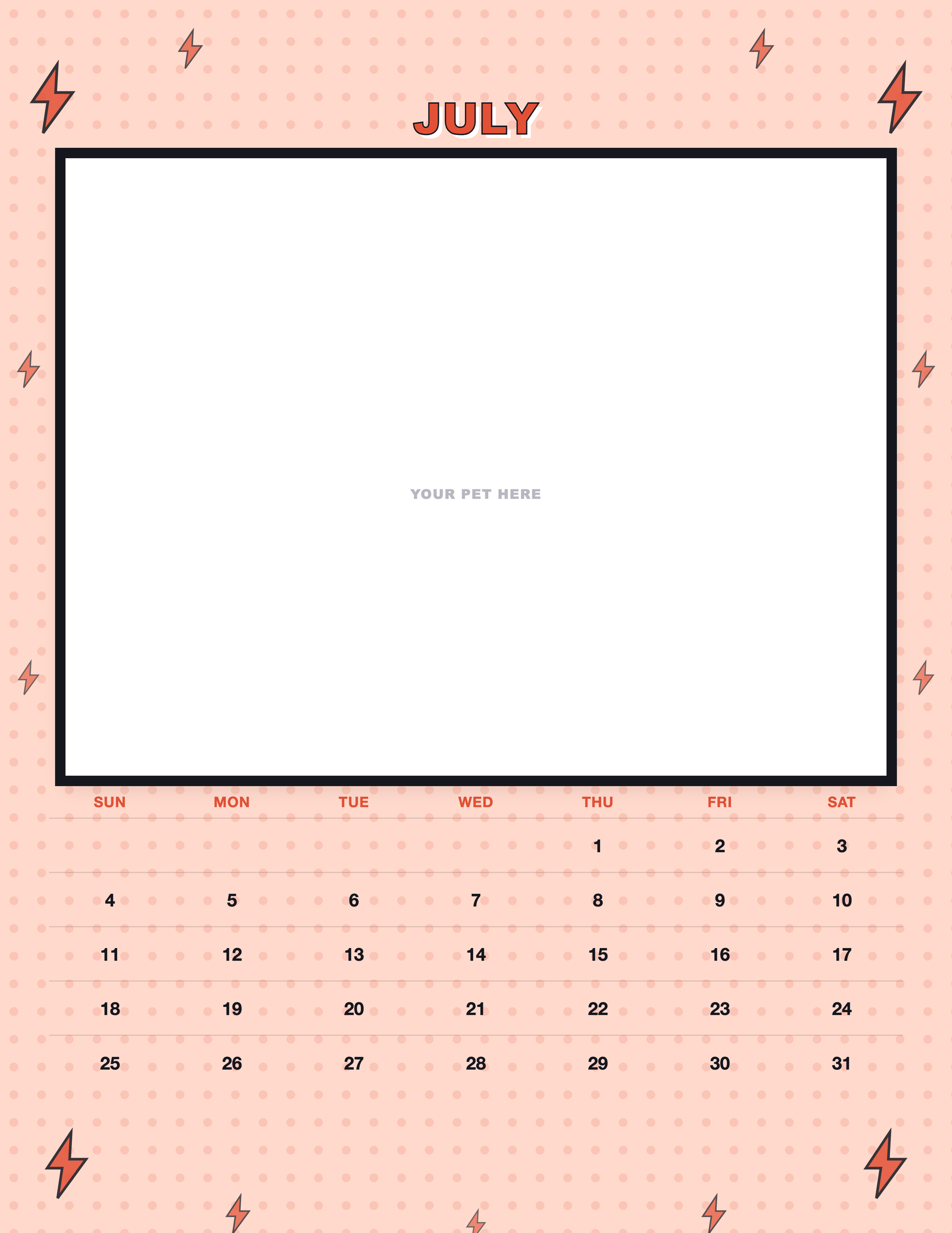 July page of the Personalized Pet Photo Calendar 2027 — Pop Art, with a photo area above the date grid