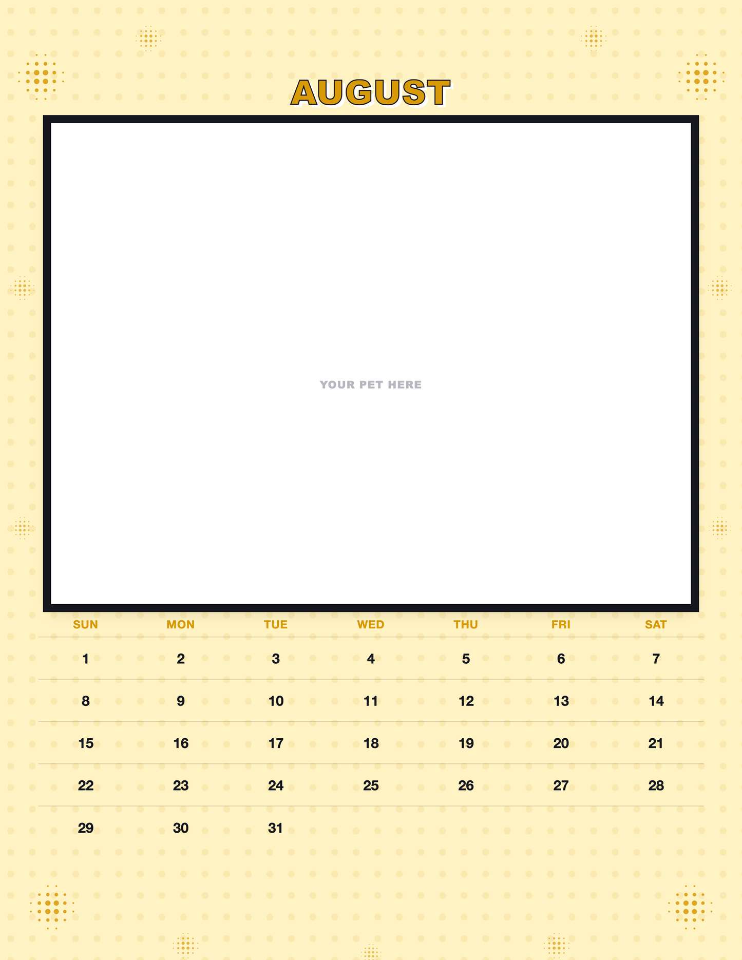 August page of the Personalized Pet Photo Calendar 2027 — Pop Art, with a photo area above the date grid