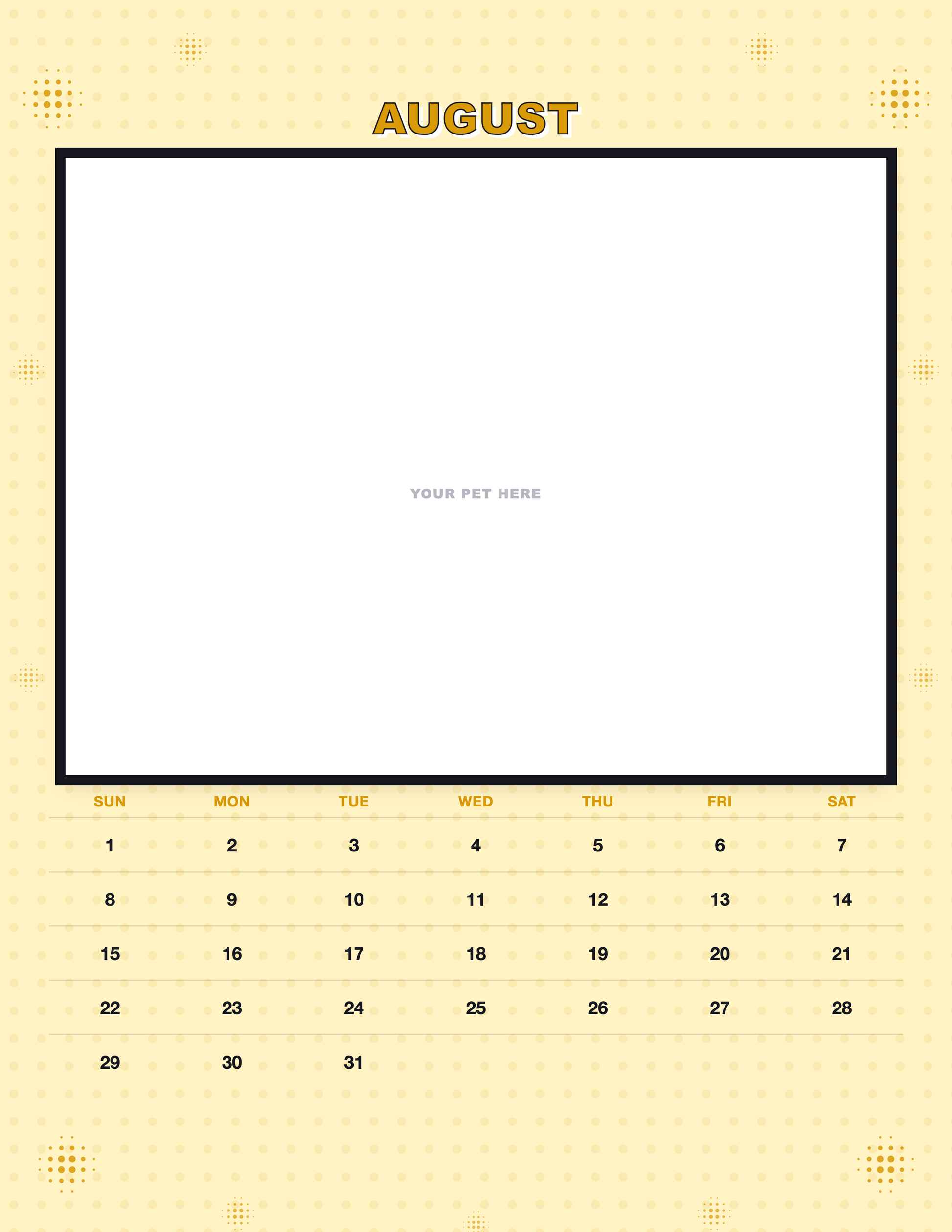 August page of the Personalized Pet Photo Calendar 2027 — Pop Art, with a photo area above the date grid