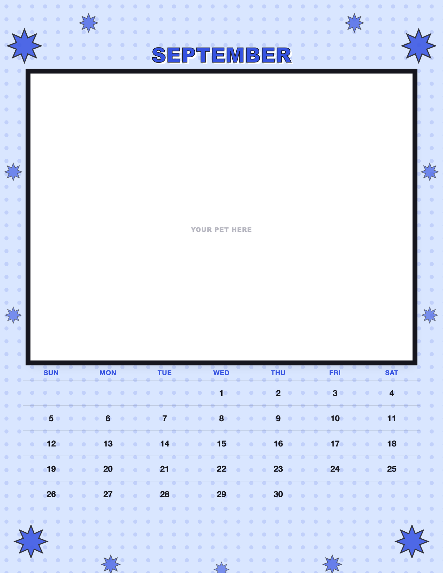 September page of the Personalized Pet Photo Calendar 2027 — Pop Art, with a photo area above the date grid