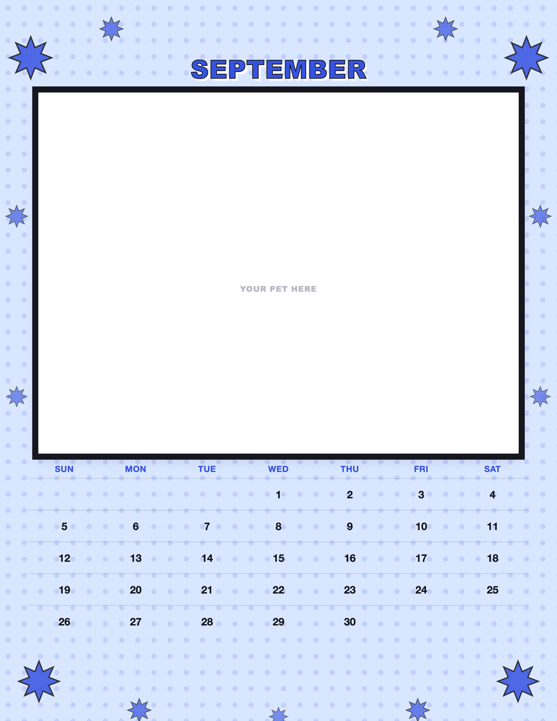 September page of the Personalized Pet Photo Calendar 2027 — Pop Art, with a photo area above the date grid