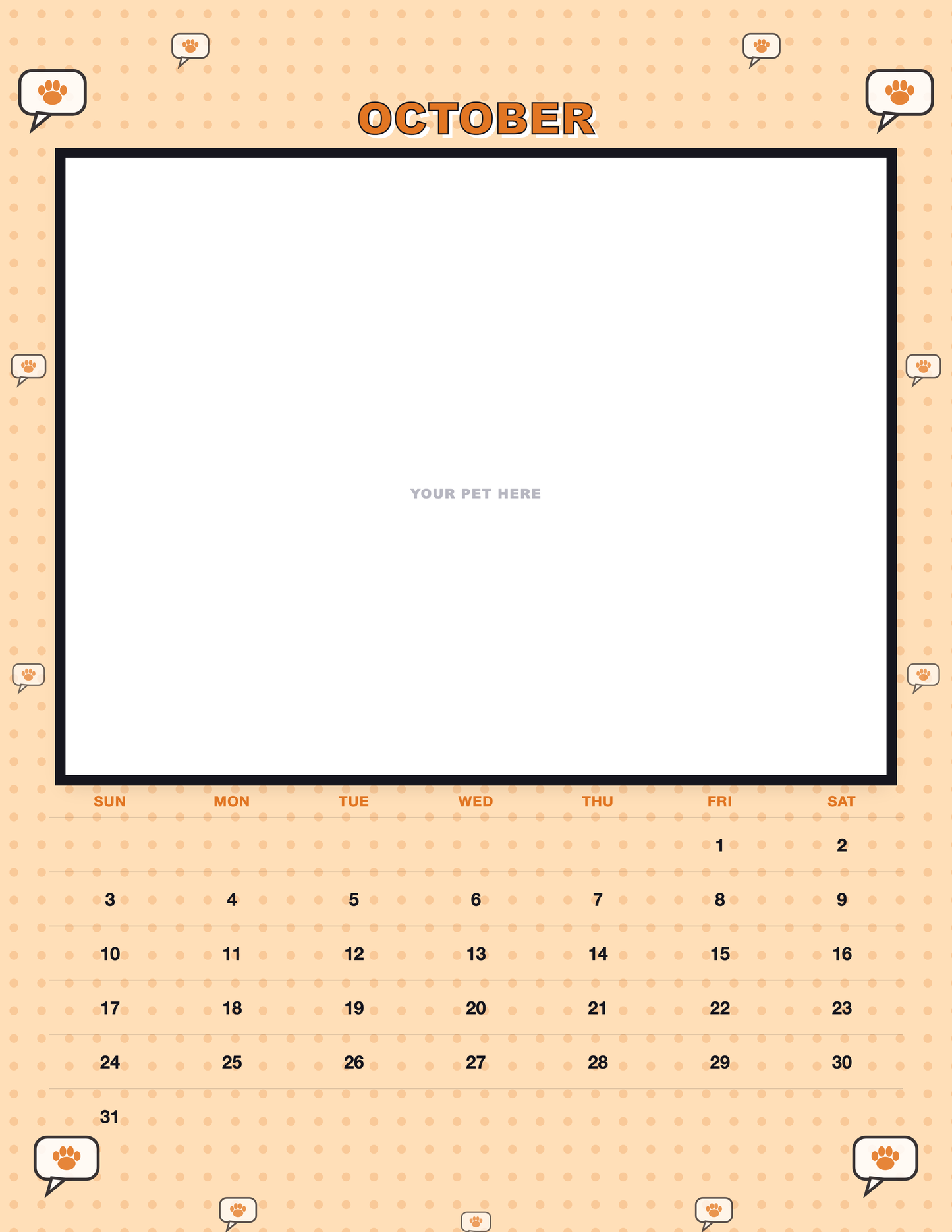 October page of the Personalized Pet Photo Calendar 2027 — Pop Art, with a photo area above the date grid