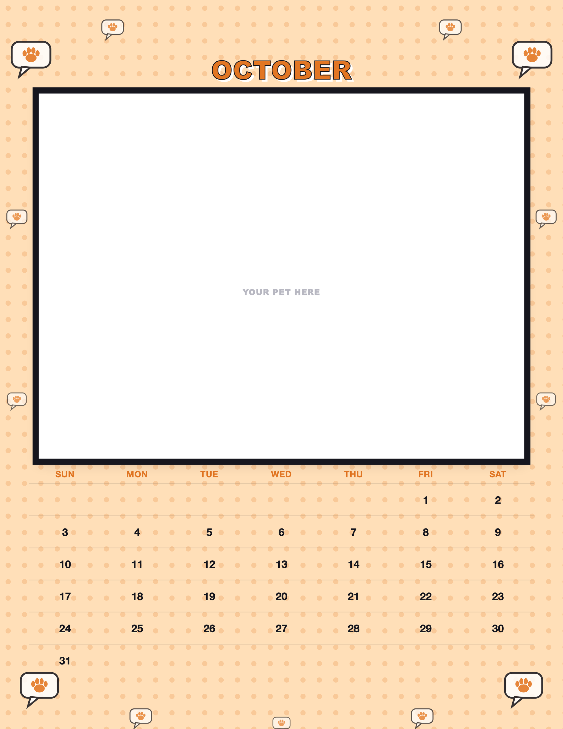 October page of the Personalized Pet Photo Calendar 2027 — Pop Art, with a photo area above the date grid