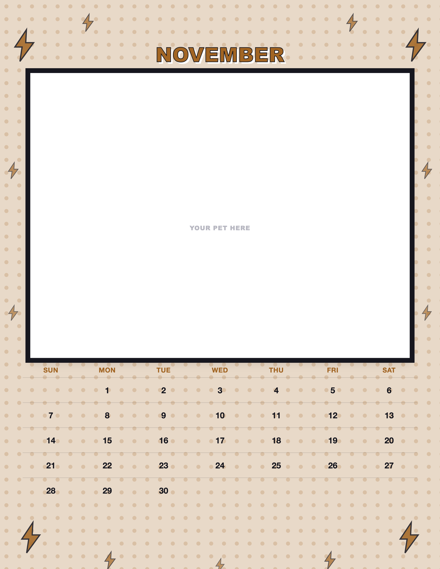 November page of the Personalized Pet Photo Calendar 2027 — Pop Art, with a photo area above the date grid