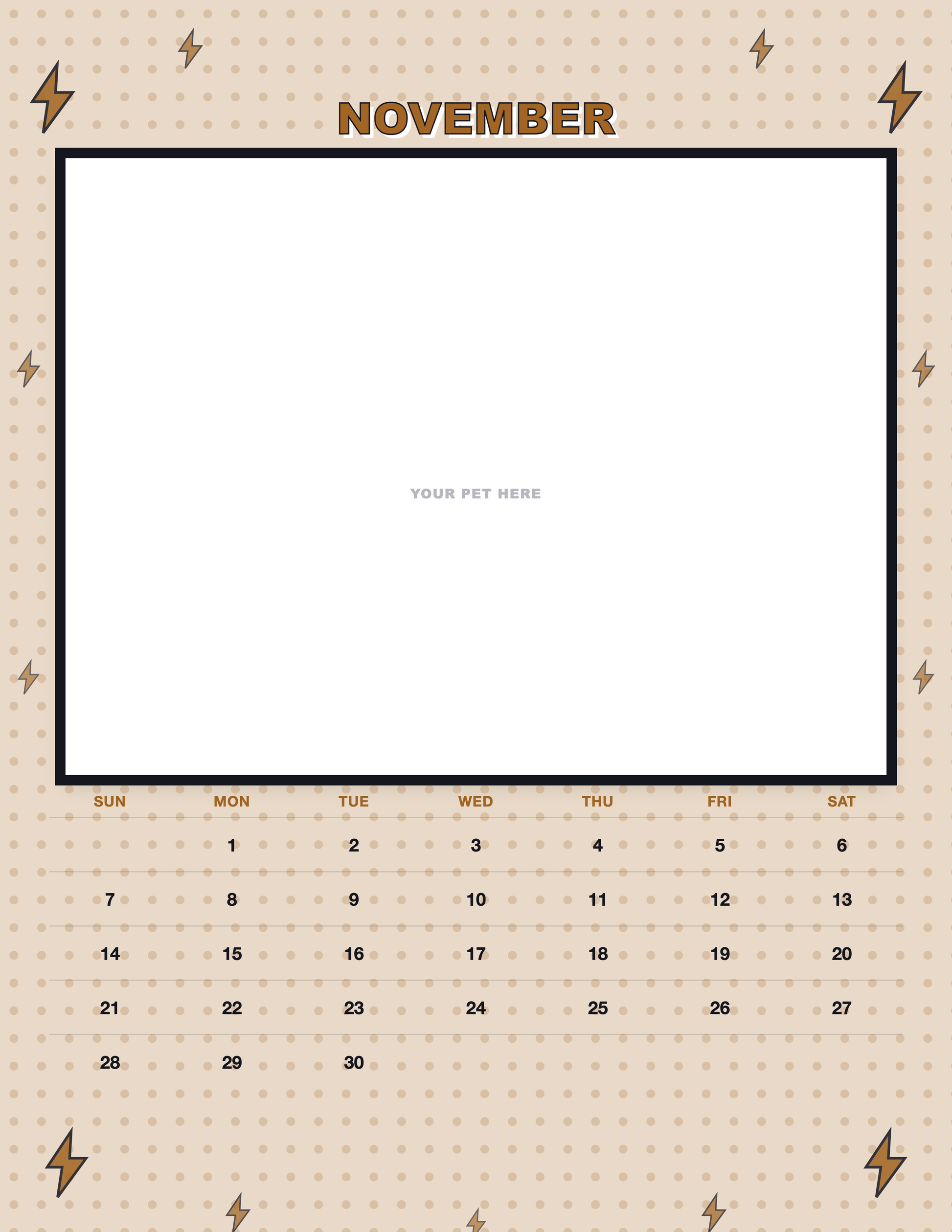 November page of the Personalized Pet Photo Calendar 2027 — Pop Art, with a photo area above the date grid