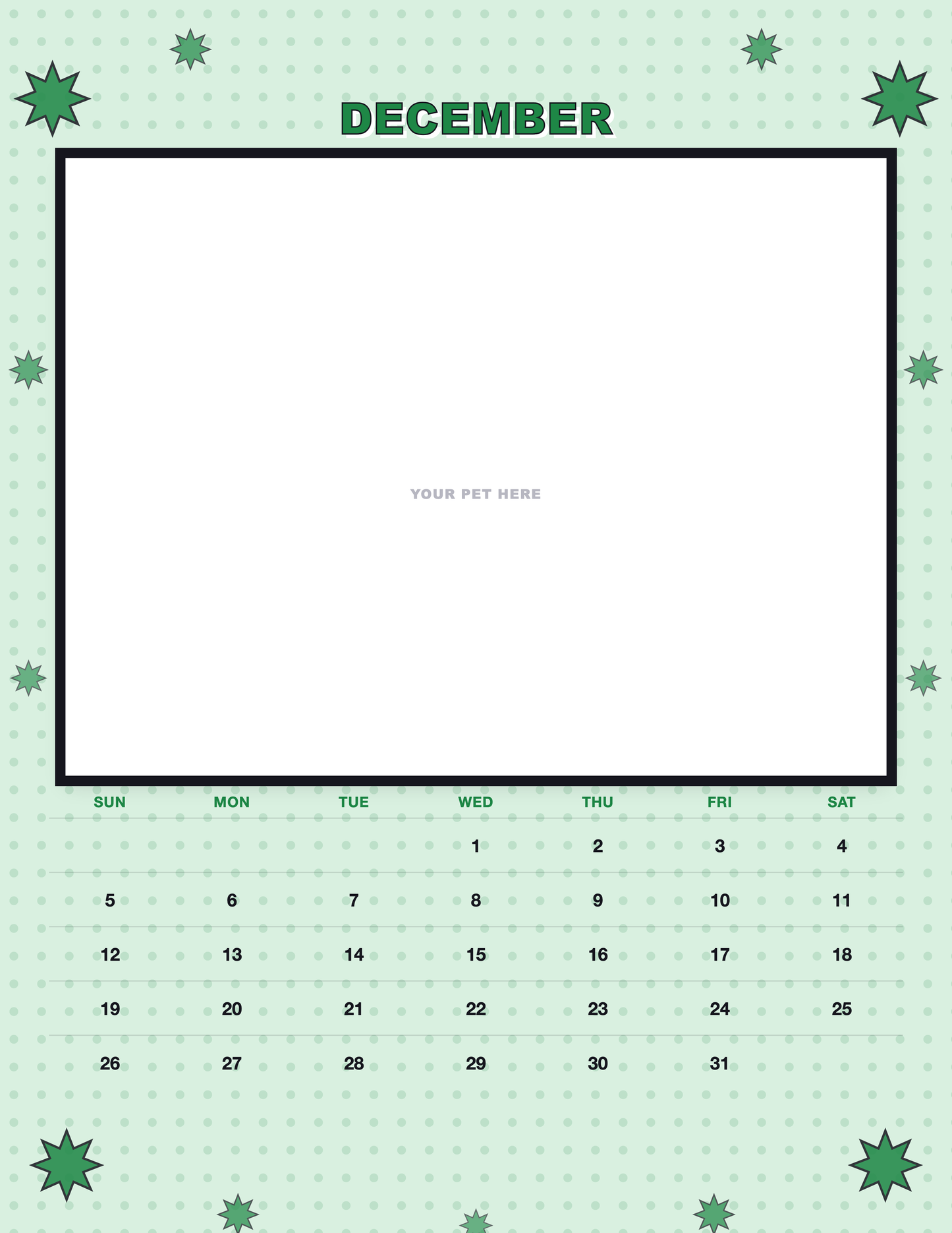 December page of the Personalized Pet Photo Calendar 2027 — Pop Art, with a photo area above the date grid