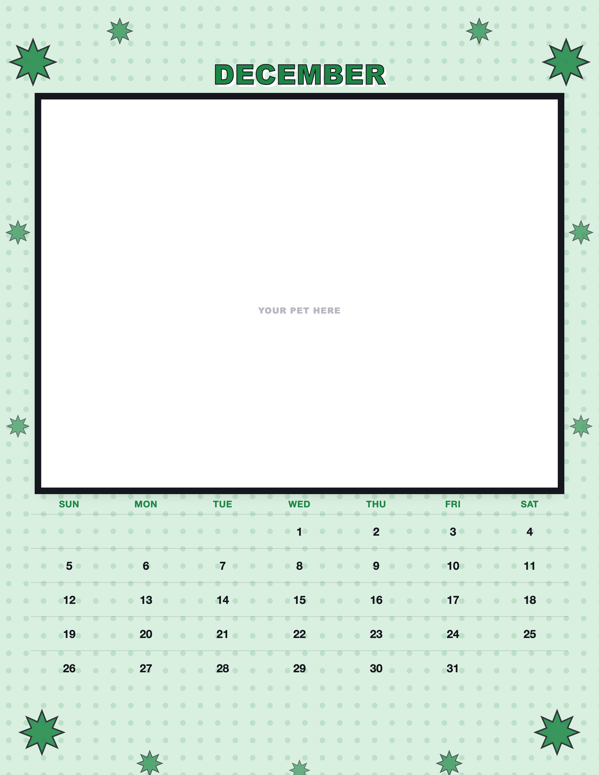 December page of the Personalized Pet Photo Calendar 2027 — Pop Art, with a photo area above the date grid