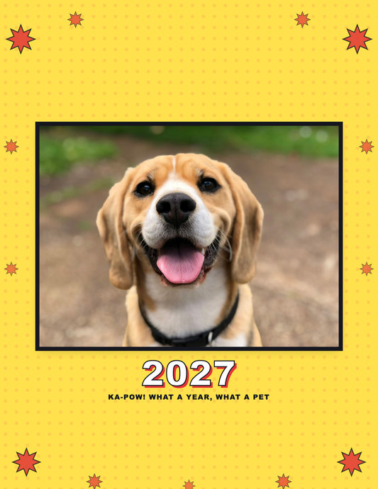 Personalized Pet Photo Calendar 2027 — Pop Art shown with a sample pet photo on the cover