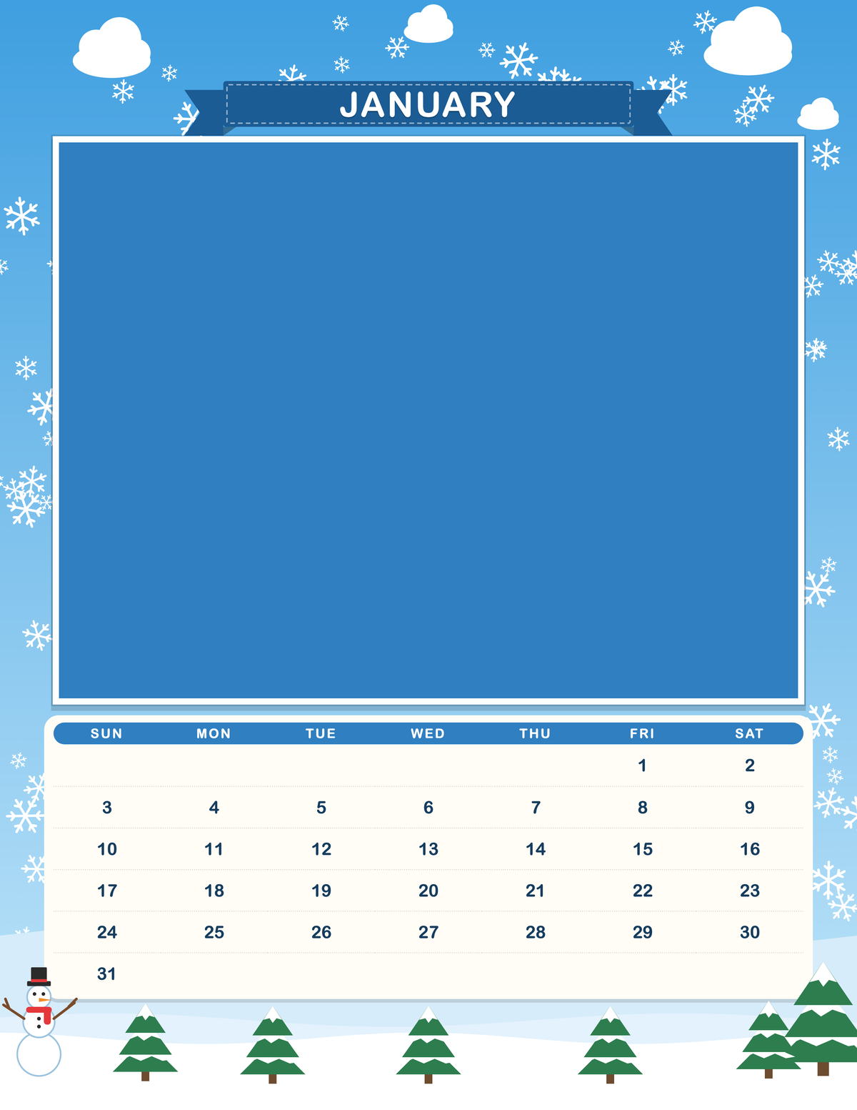 January page of the Personalized Pet Photo Calendar 2027: Storybook Seasons, with a photo area above the date grid