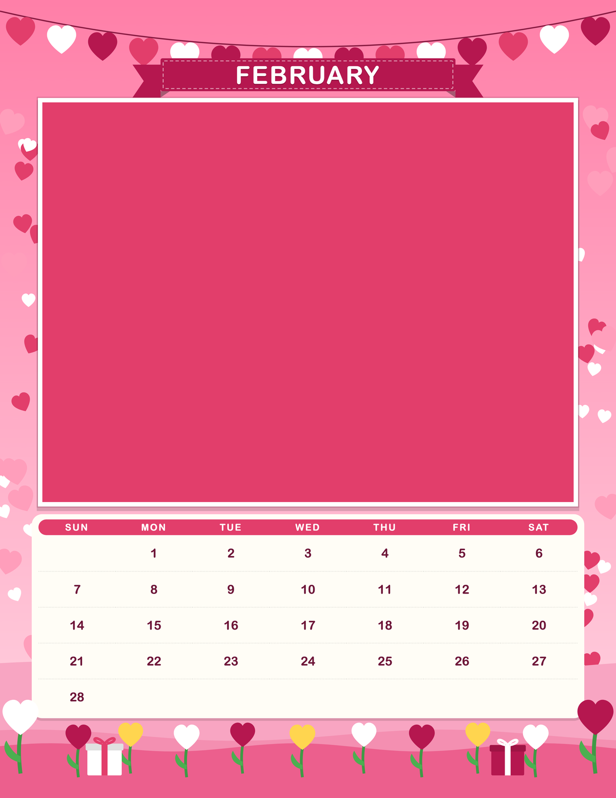 February page of the Personalized Pet Photo Calendar 2027: Storybook Seasons, with a photo area above the date grid