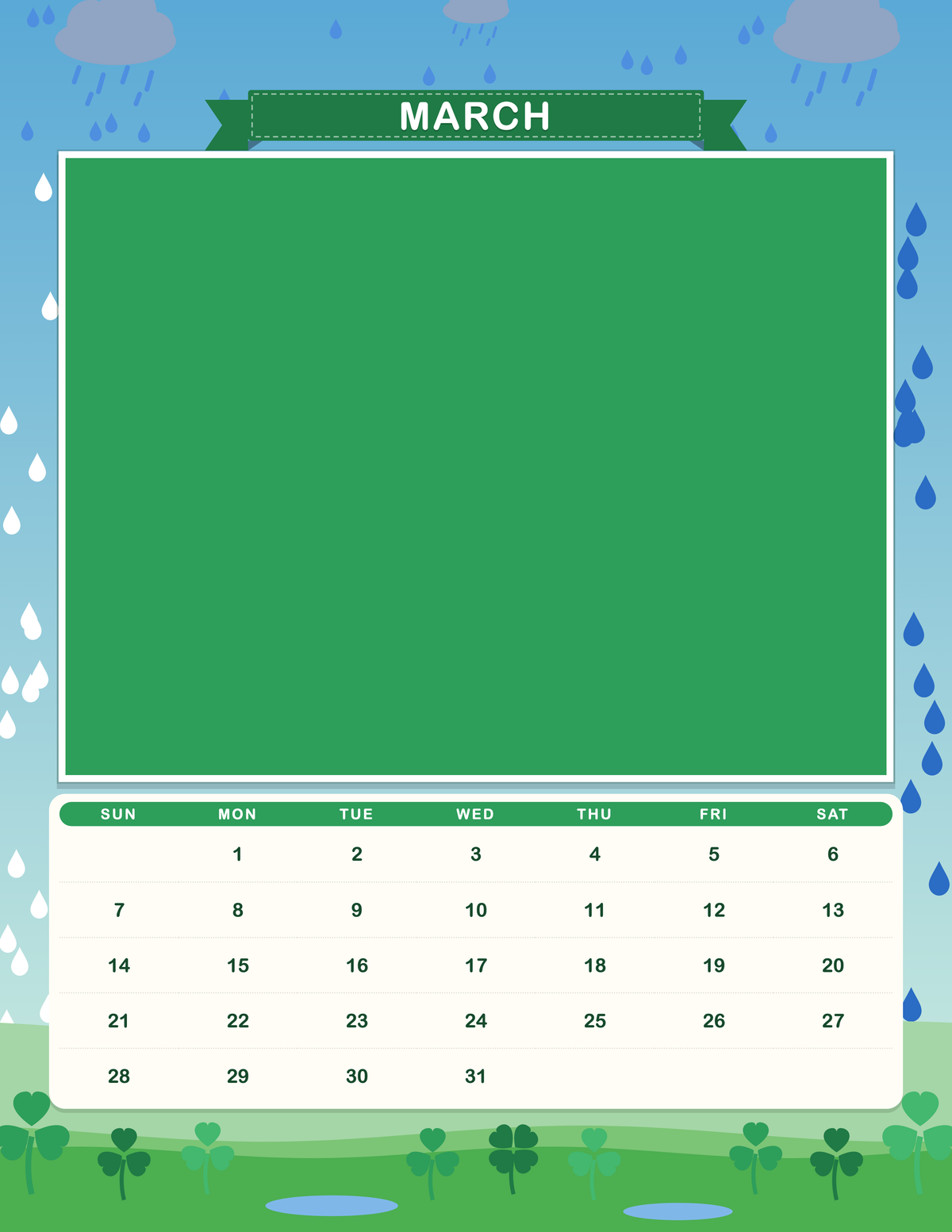 March page of the Personalized Pet Photo Calendar 2027: Storybook Seasons, with a photo area above the date grid