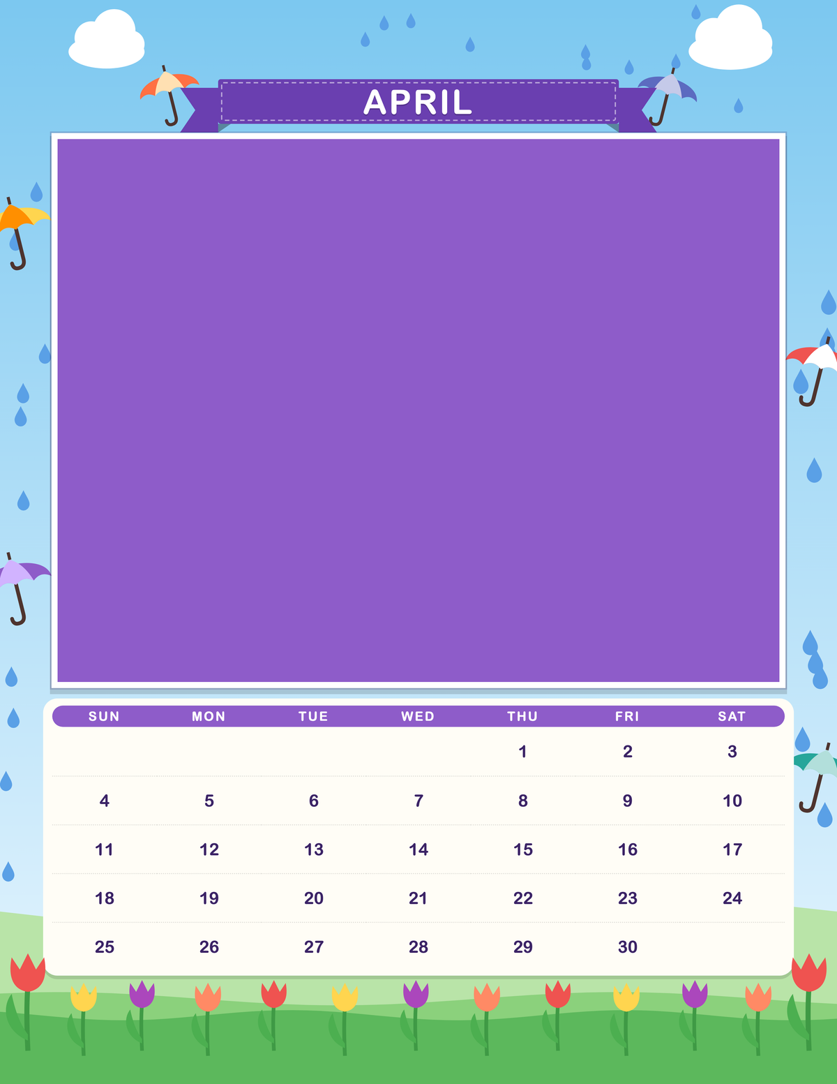 April page of the Personalized Pet Photo Calendar 2027: Storybook Seasons, with a photo area above the date grid
