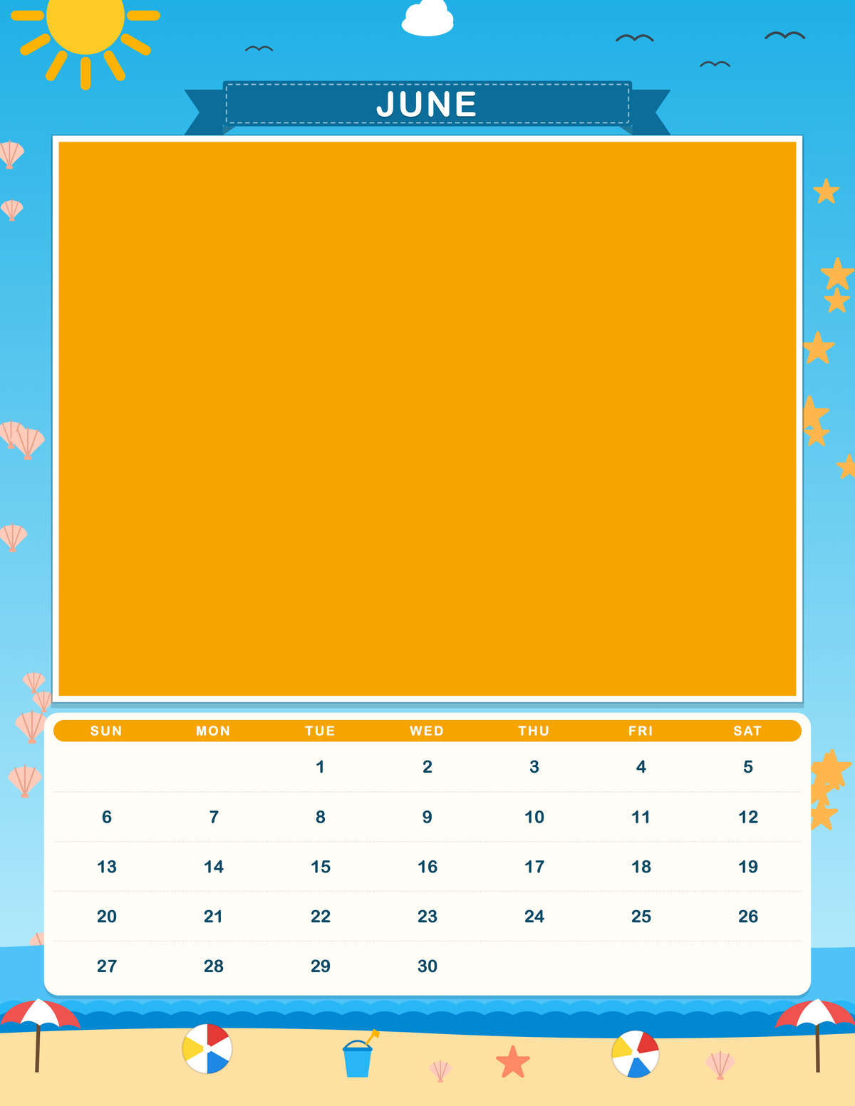 June page of the Personalized Pet Photo Calendar 2027: Storybook Seasons, with a photo area above the date grid