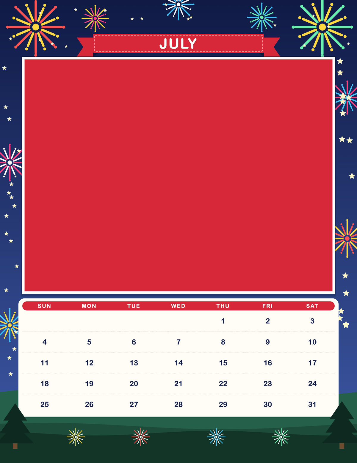 July page of the Personalized Pet Photo Calendar 2027: Storybook Seasons, with a photo area above the date grid