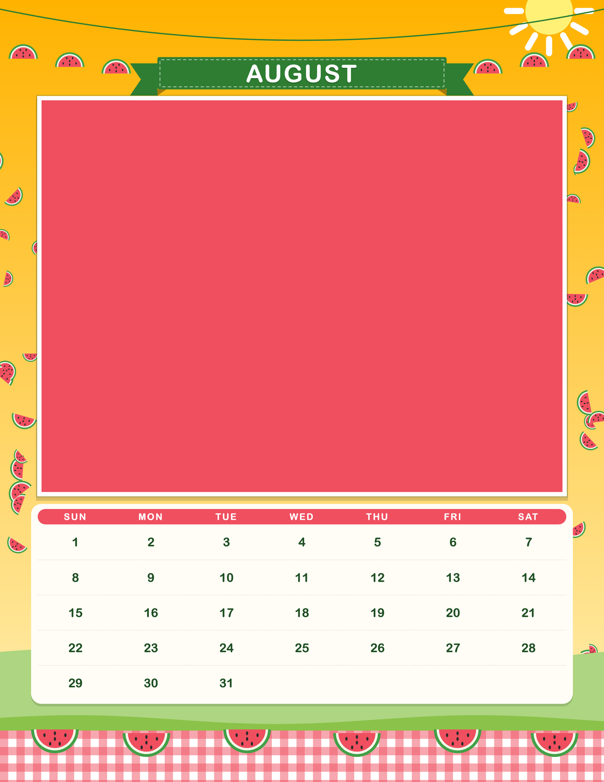 August page of the Personalized Pet Photo Calendar 2027: Storybook Seasons, with a photo area above the date grid