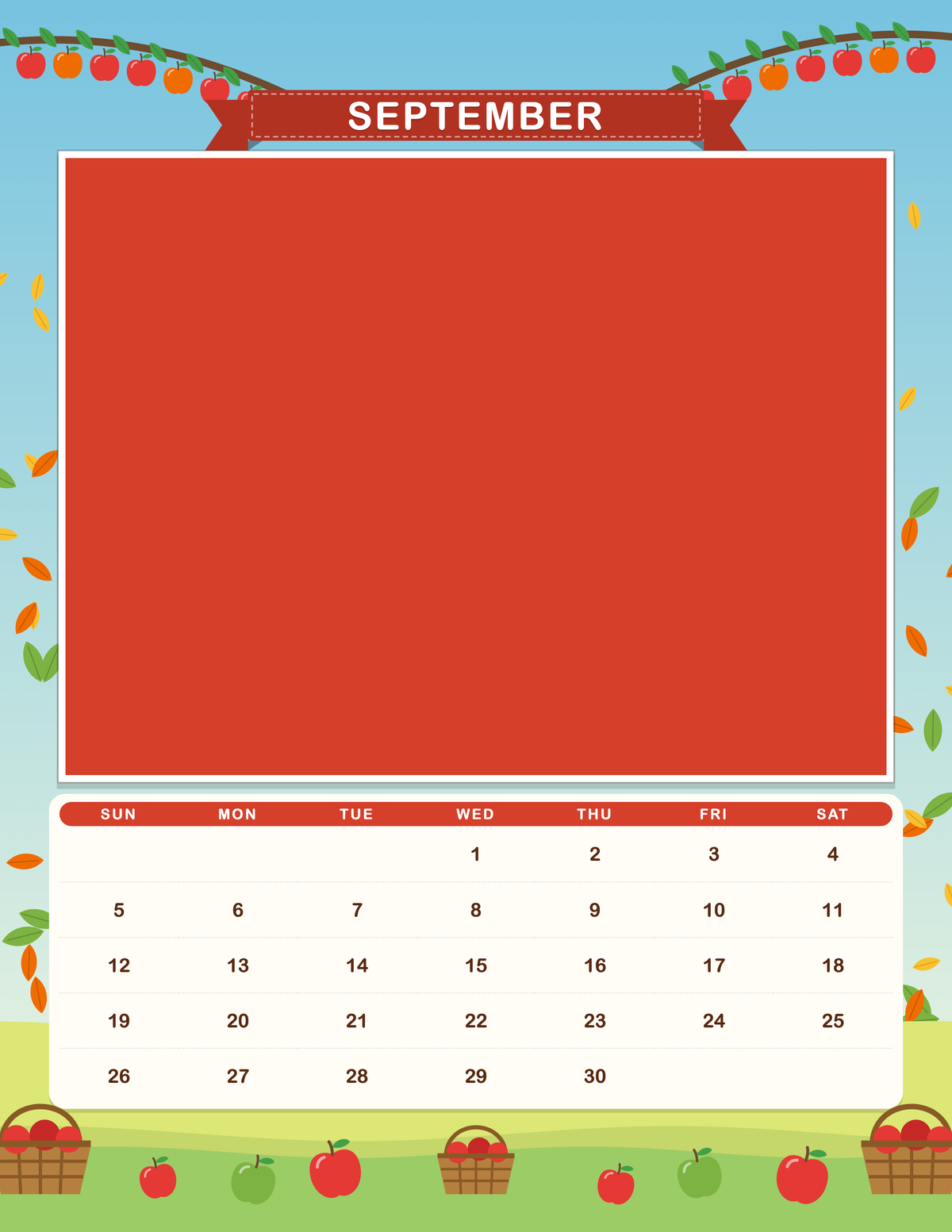 September page of the Personalized Pet Photo Calendar 2027: Storybook Seasons, with a photo area above the date grid