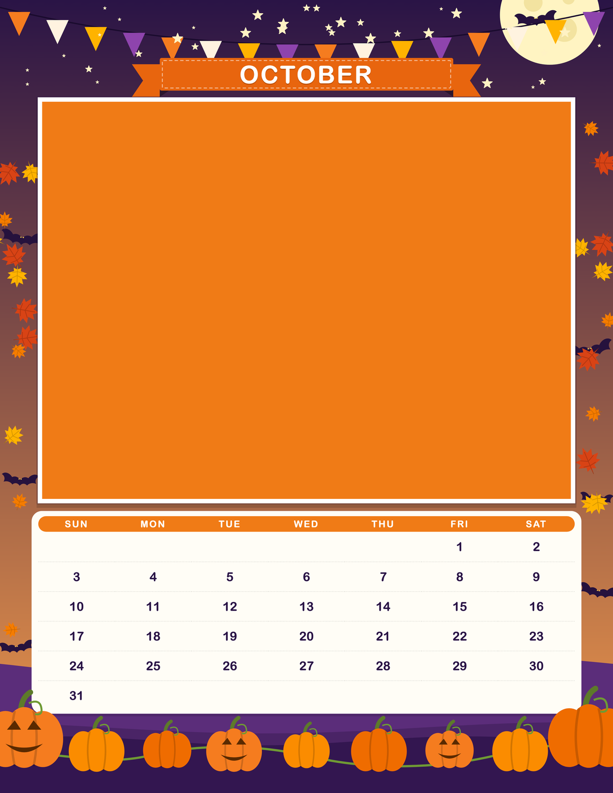 October page of the Personalized Pet Photo Calendar 2027: Storybook Seasons, with a photo area above the date grid
