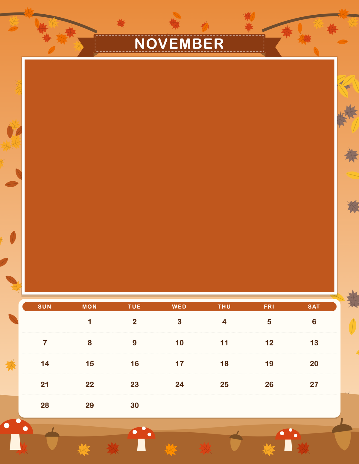 November page of the Personalized Pet Photo Calendar 2027: Storybook Seasons, with a photo area above the date grid