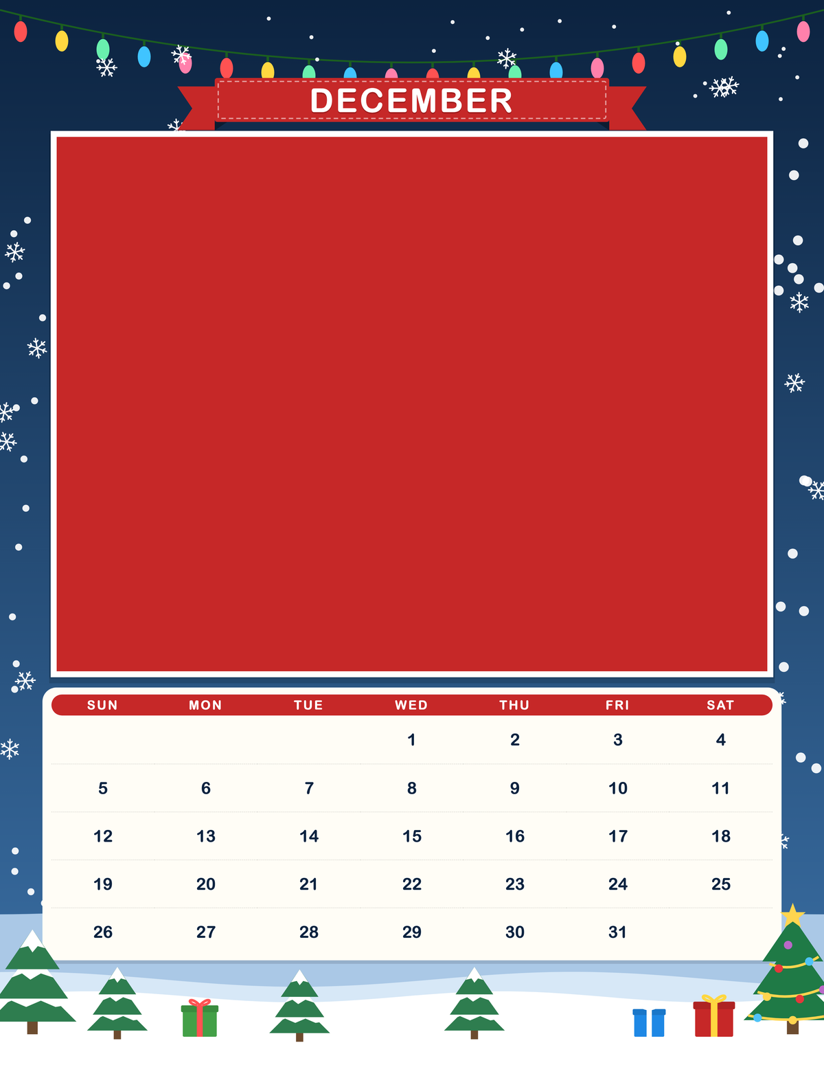 December page of the Personalized Pet Photo Calendar 2027: Storybook Seasons, with a photo area above the date grid