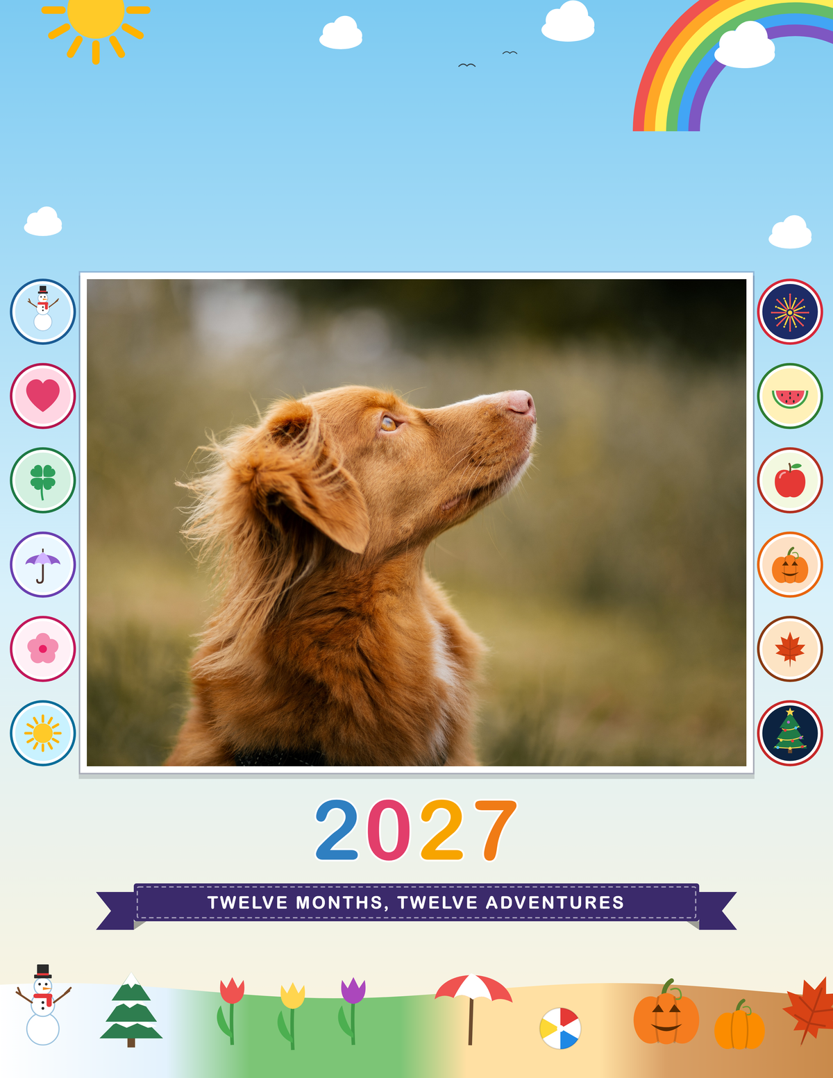 Personalized Pet Photo Calendar 2027: Storybook Seasons, shown with a sample pet photo on the cover