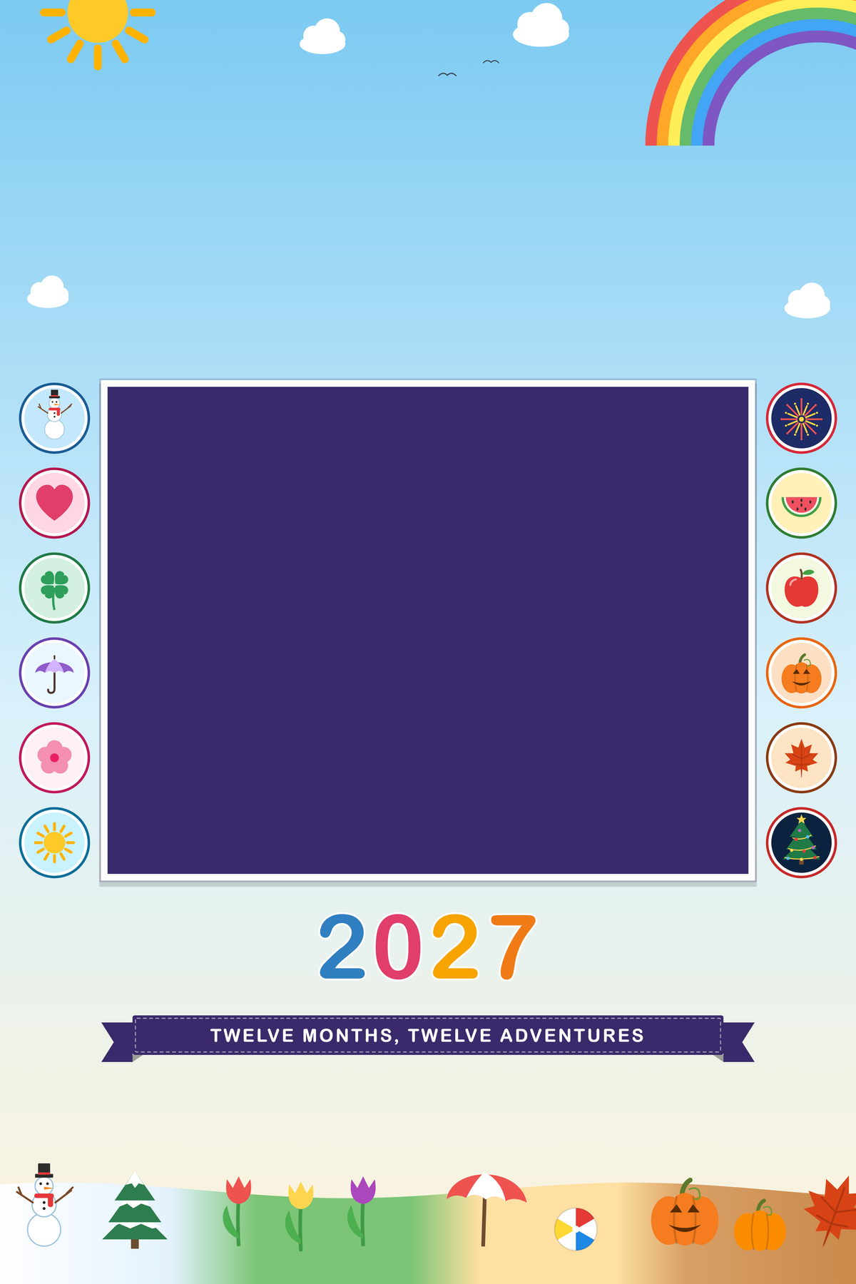 Cover page of the Personalized Pet Photo Calendar 2027: XL Storybook Seasons, with a photo area for your pet