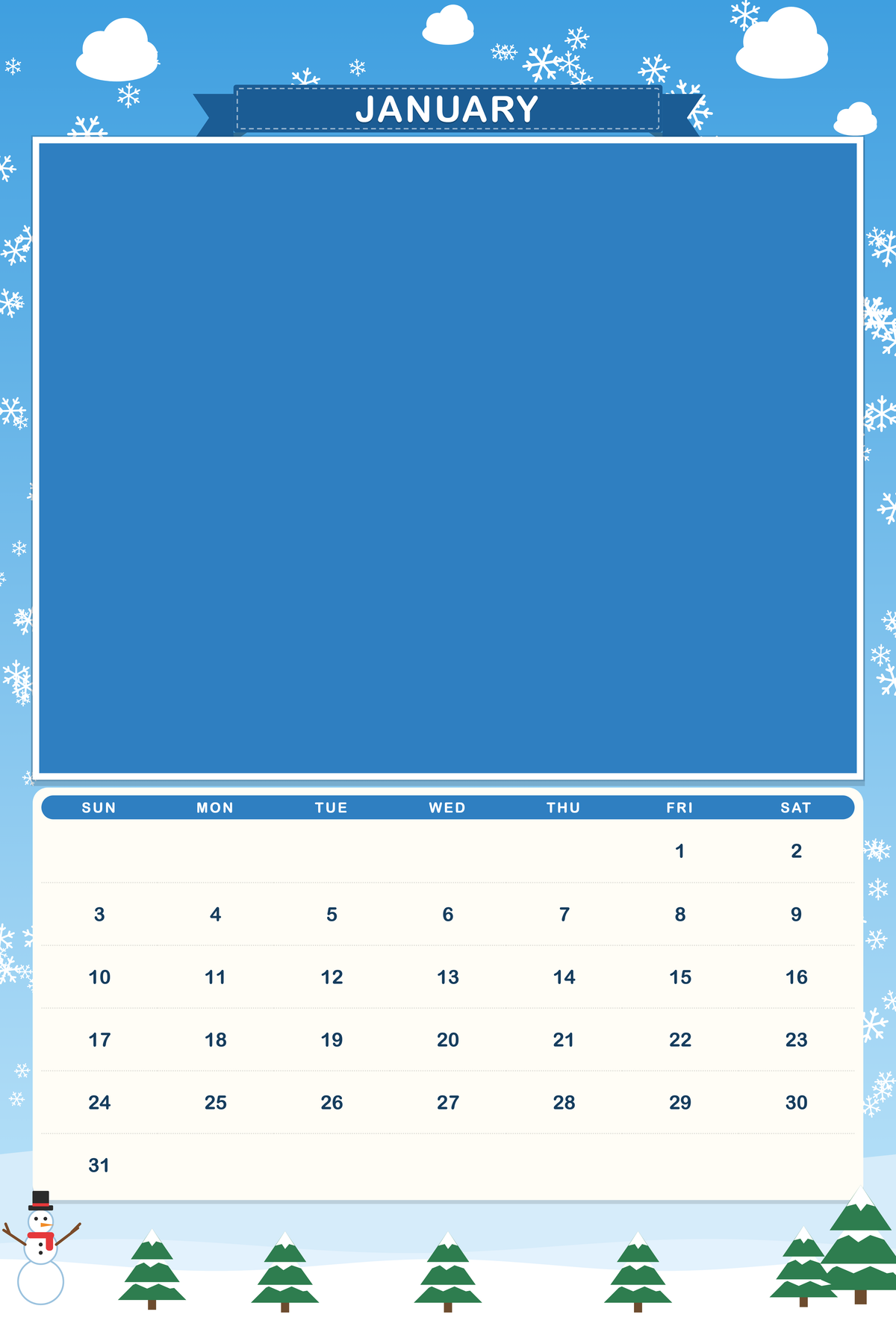 January page of the Personalized Pet Photo Calendar 2027: XL Storybook Seasons, with a photo area above the date grid