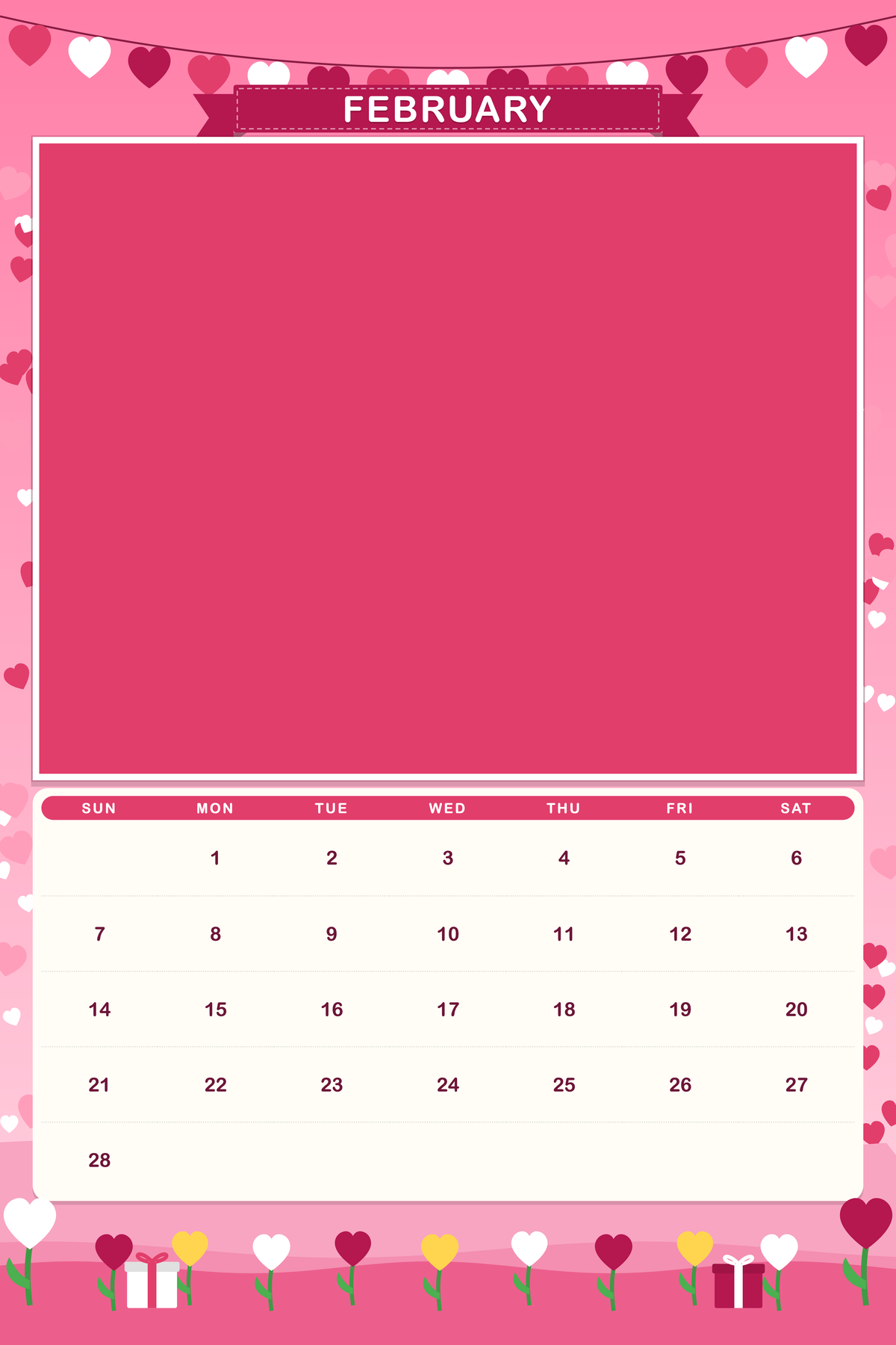 February page of the Personalized Pet Photo Calendar 2027: XL Storybook Seasons, with a photo area above the date grid